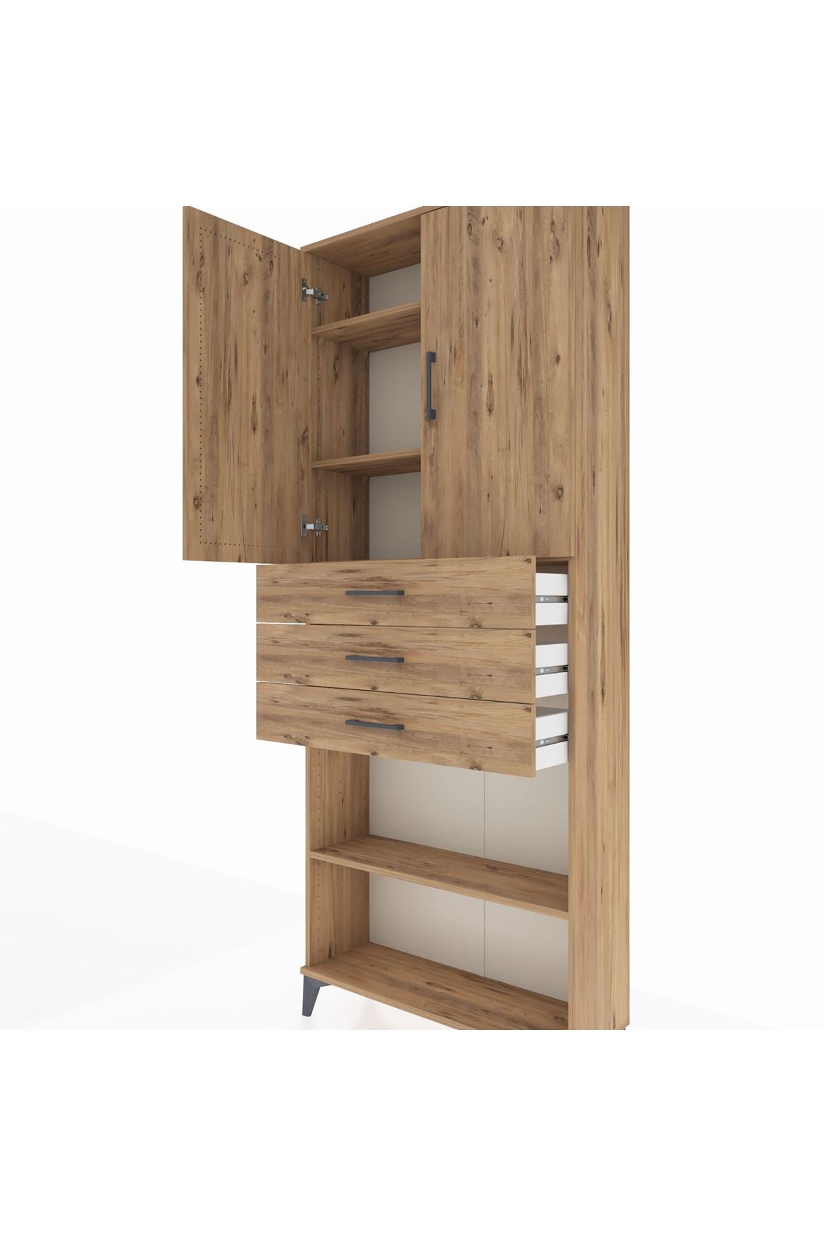 Arges Dolap 4 Raflı 3 Çekmeceli 2 Kapaklı 88x30x221 Çam-Çam