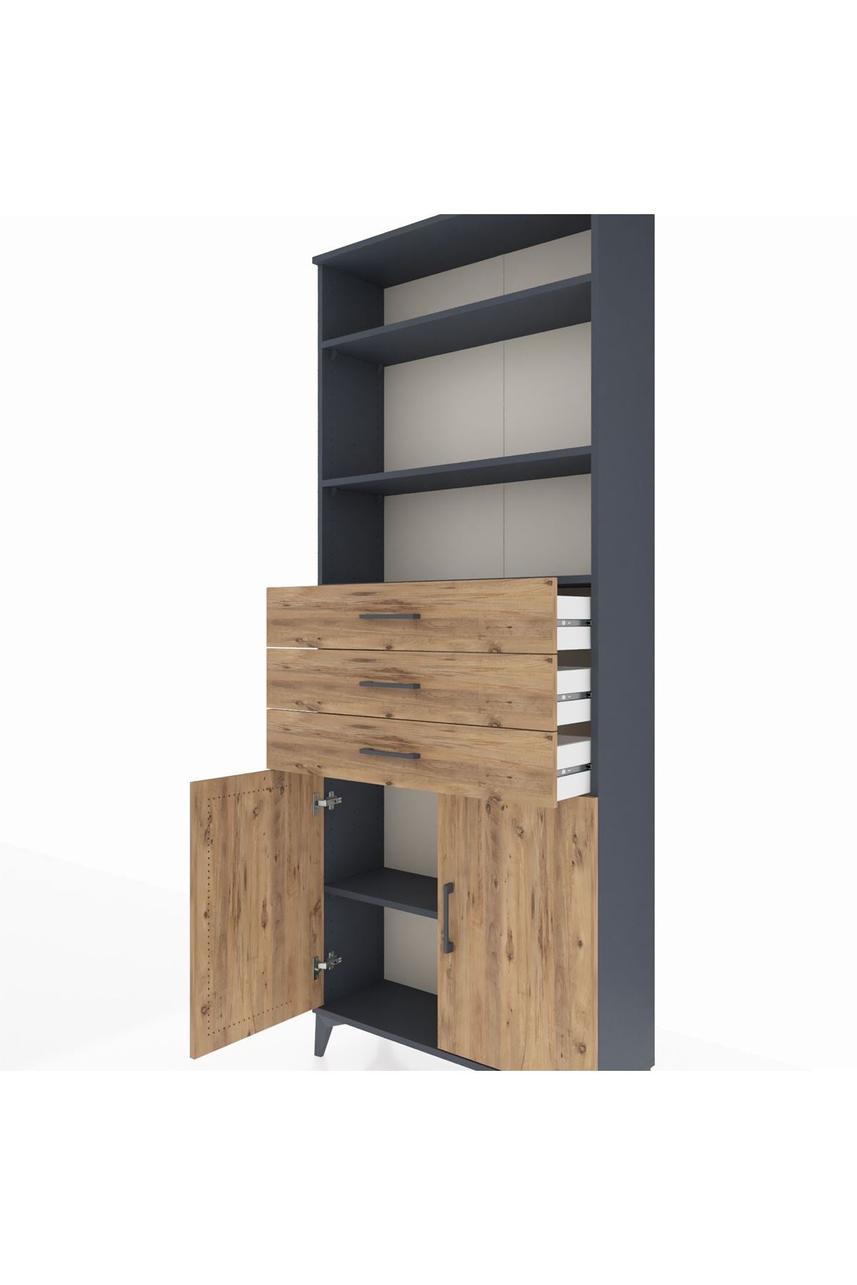 Arges Dolap 4 Raflı 3 Çekmeceli 2 Kapaklı 88x30x221 Antrasit-Çam