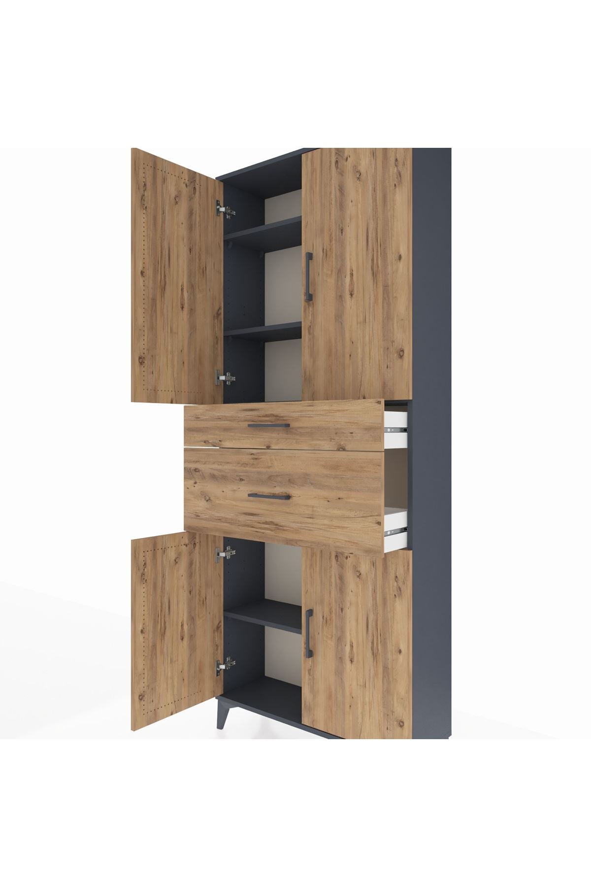 Arges Dolap 4 Raflı 2 Çekmeceli 4 Kapaklı 88x30x221 Antrasit-Çam