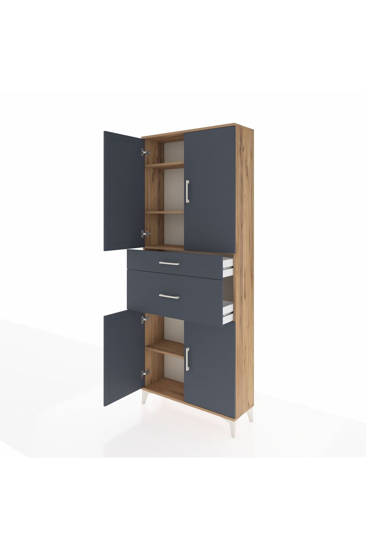 Arges Dolap 4 Raflı 2 Çekmeceli 4 Kapaklı 88x30x221 Çam-Antrasit