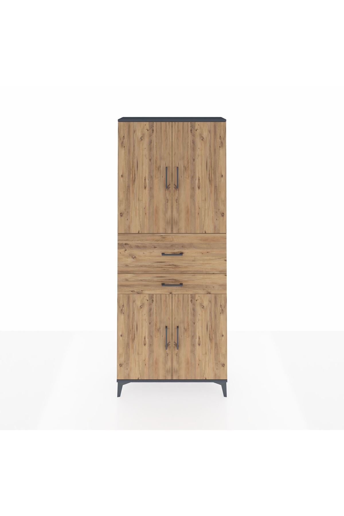 Arges Dolap 4 Raflı 2 Çekmeceli 4 Kapaklı 88x30x221 Antrasit-Çam