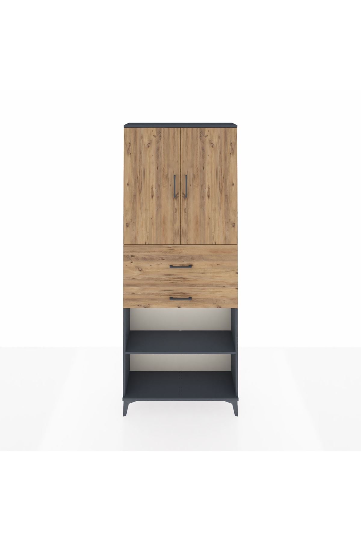 Arges Dolap 4 Raflı 2 Çekmeceli 2 Kapaklı 88x30x221 Antrasit-Çam