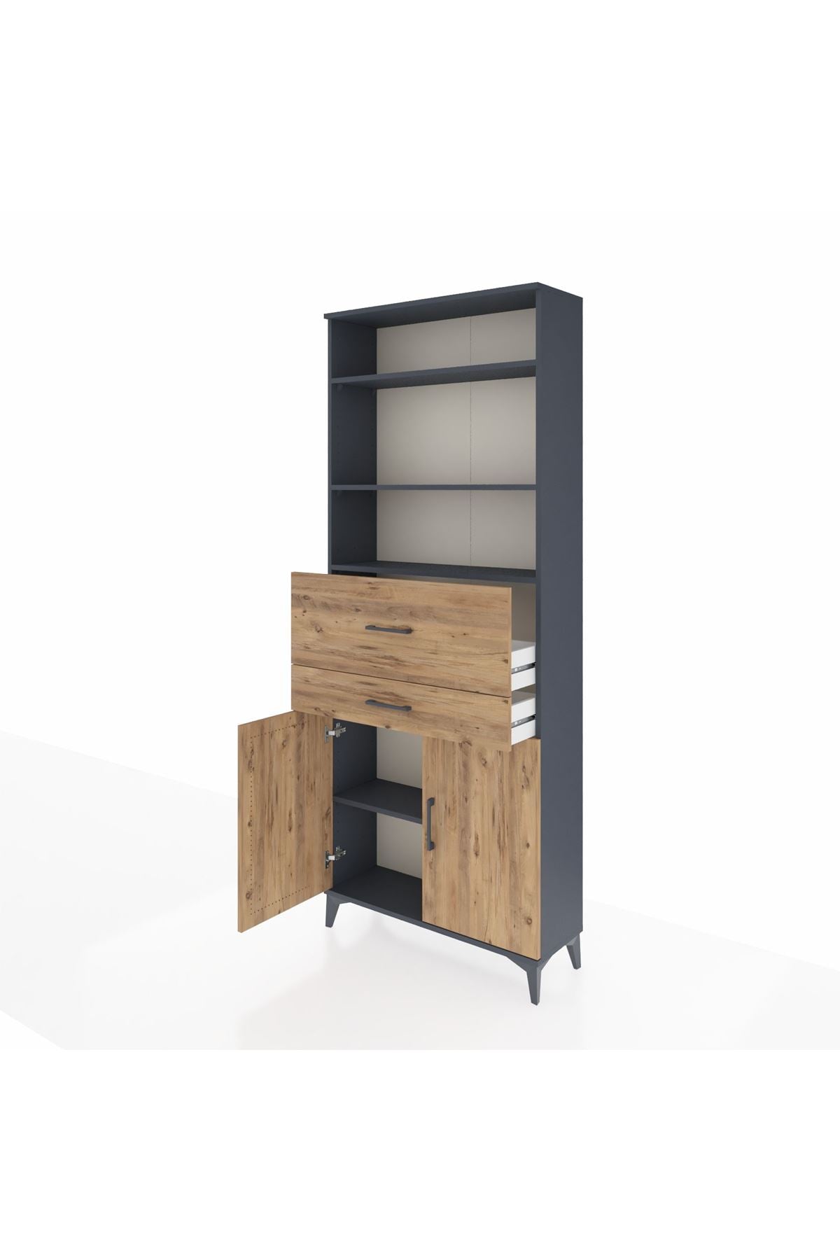 Arges Dolap 4 Raflı 2 Çekmeceli 2 Kapaklı 88x30x221 Antrasit-Çam