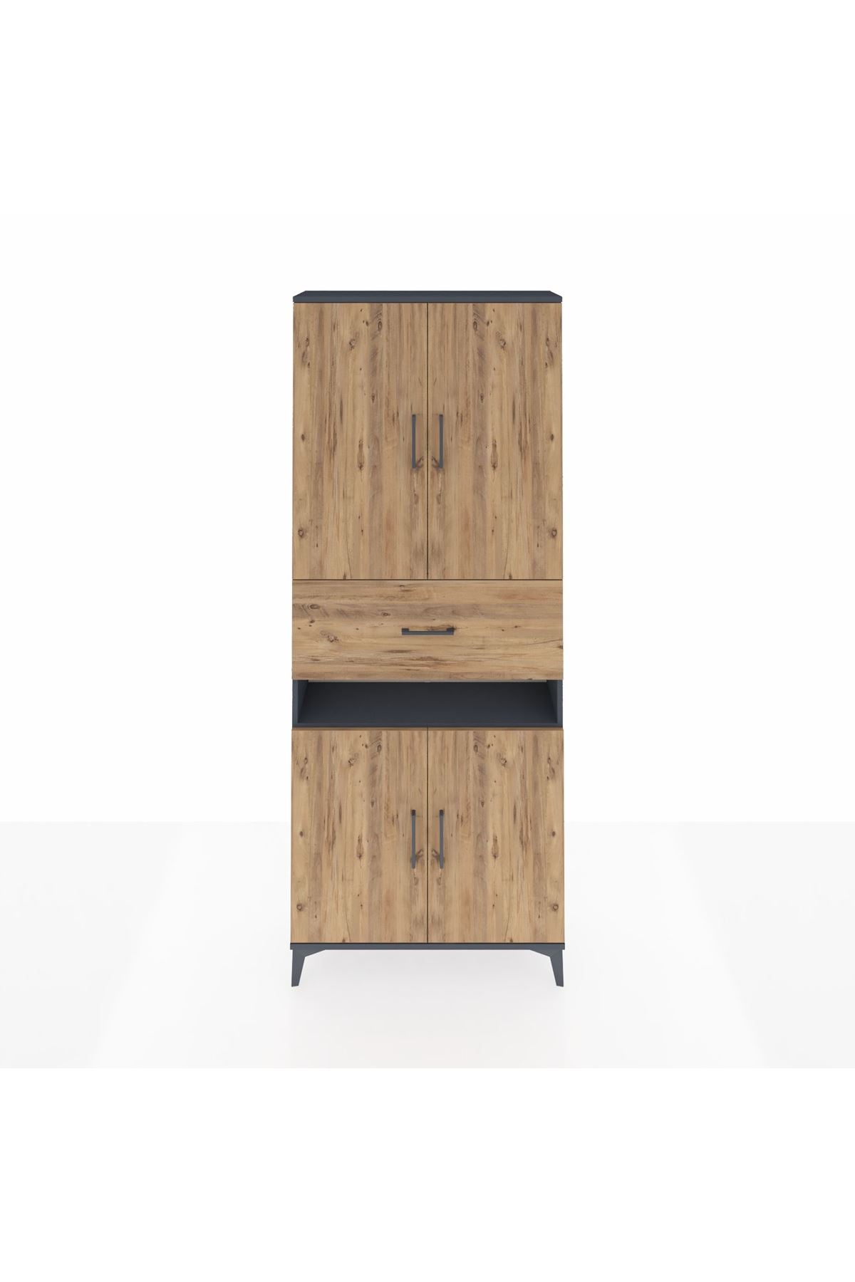 Arges Dolap 5 Raflı Tek Çekmeceli 4 Kapaklı 88x30x221 Antrasit-Çam