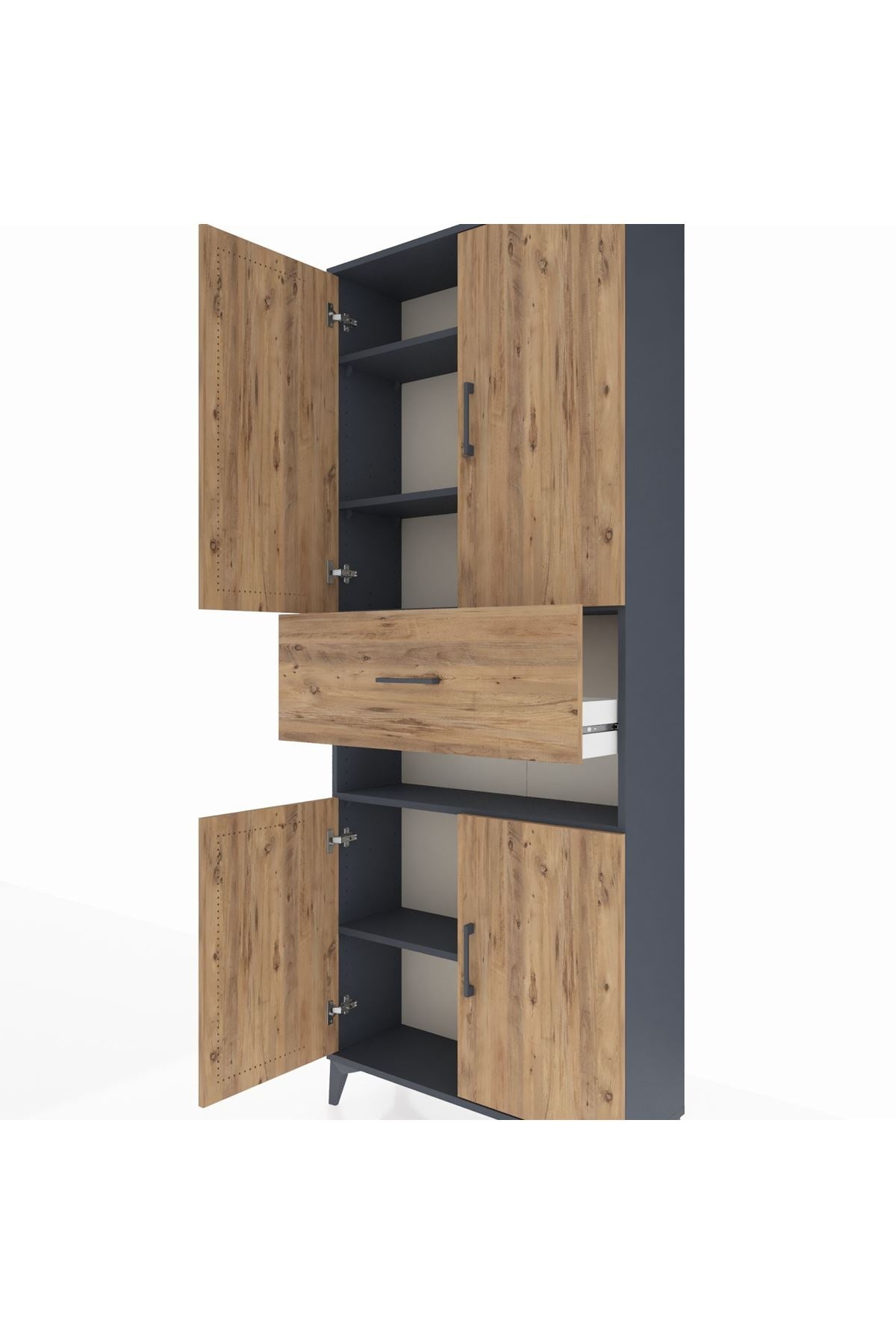 Arges Dolap 5 Raflı Tek Çekmeceli 4 Kapaklı 88x30x221 Antrasit-Çam