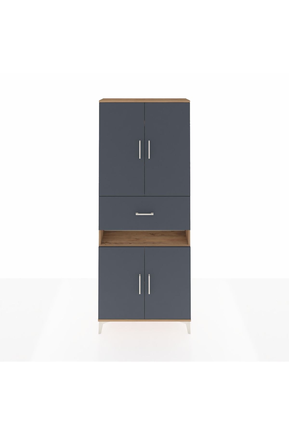 Arges Dolap 5 Raflı Tek Çekmeceli 4 Kapaklı 88x30x221 Çam-Antrasit