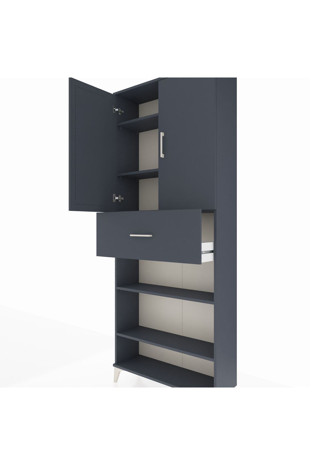 Arges Dolap 5 Raflı Tek Çekmeceli 2 Kapaklı 88x30x221 Antrasit-Antrasit