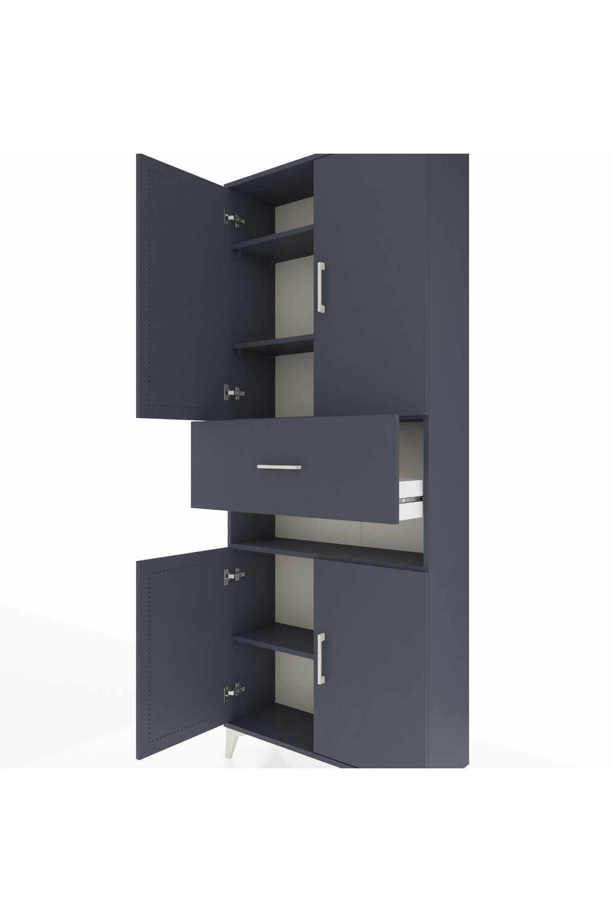 Arges Dolap 5 Raflı Tek Çekmeceli 4 Kapaklı 88x30x221 Antrasit-Antrasit