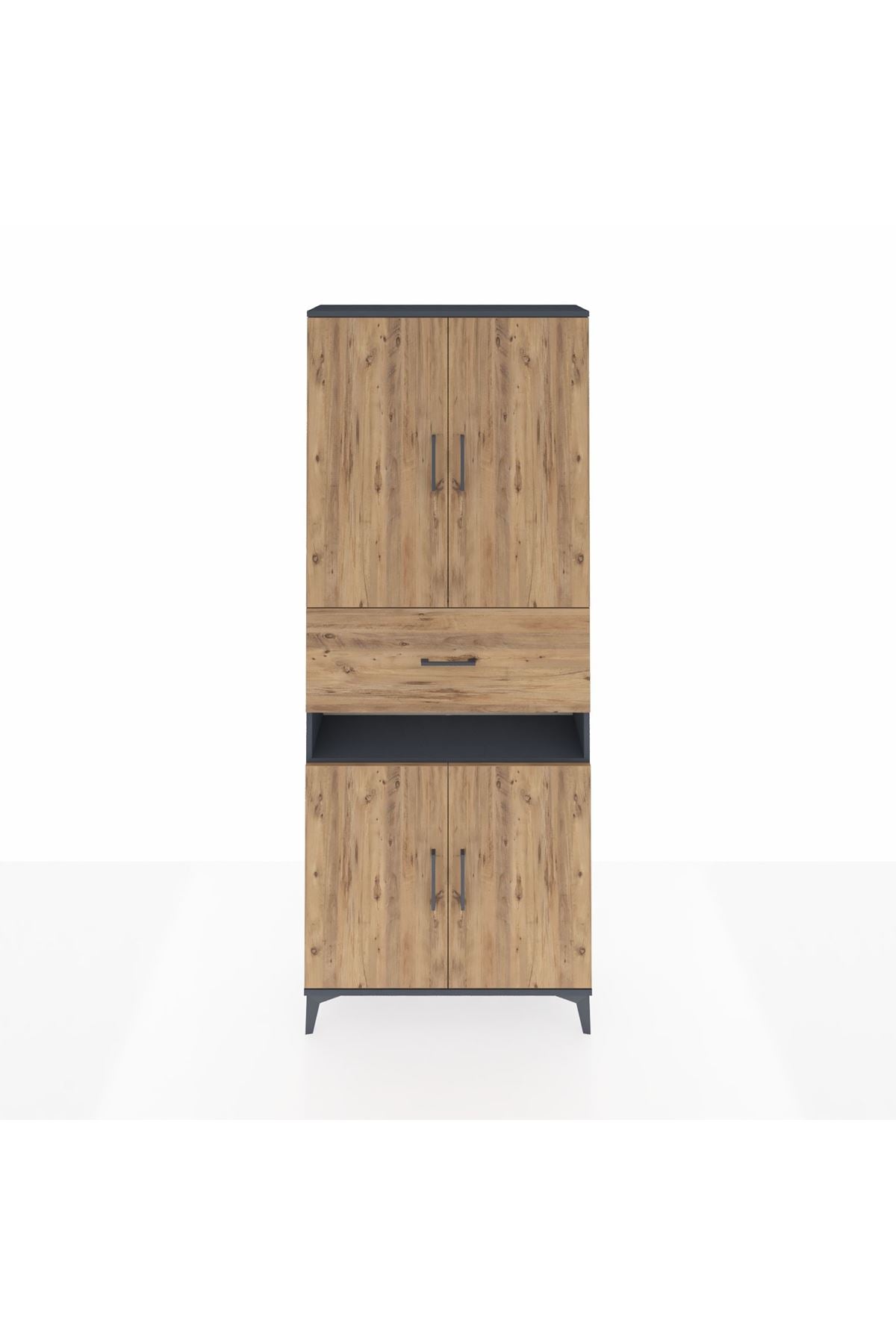 Arges Dolap 5 Raflı Tek Çekmeceli 4 Kapaklı 88x30x221 Antrasit-Çam