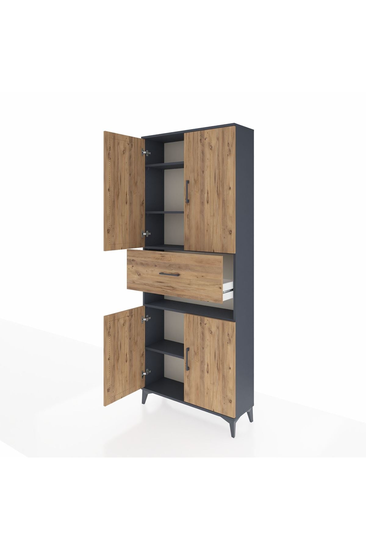 Arges Dolap 5 Raflı Tek Çekmeceli 4 Kapaklı 88x30x221 Antrasit-Çam