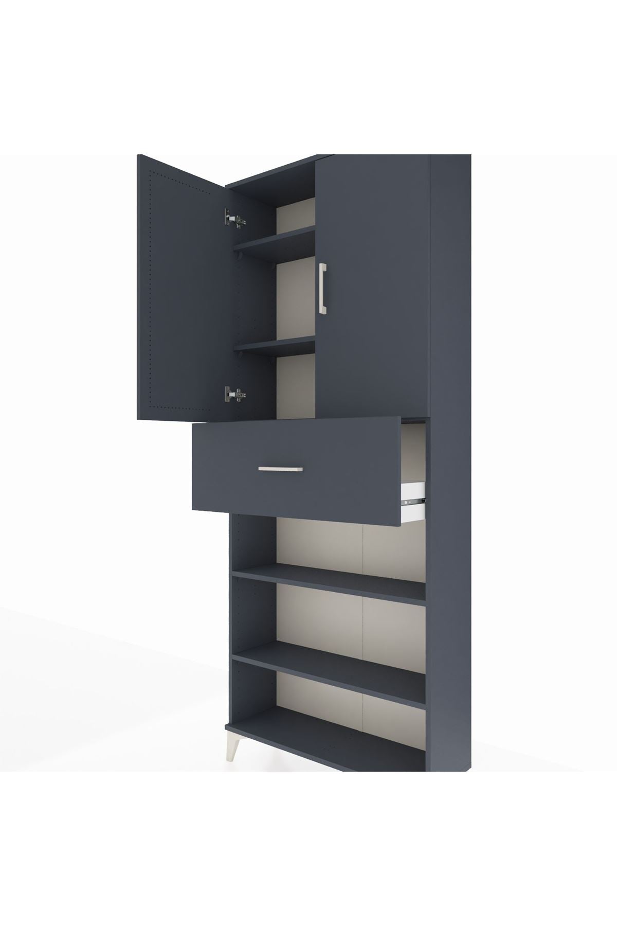 Arges Dolap 5 Raflı Tek Çekmeceli 2 Kapaklı 88x30x221 Antrasit-Antrasit