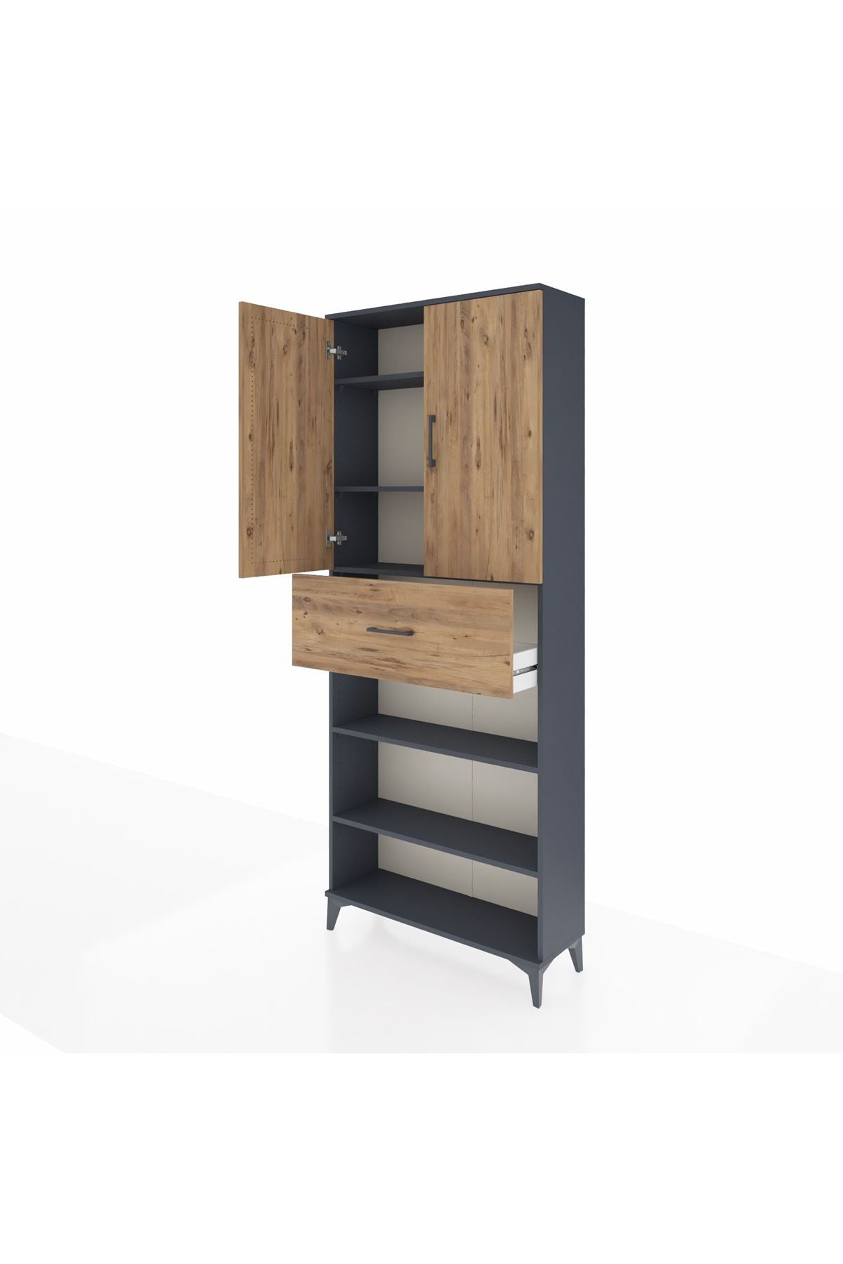 Arges Dolap 5 Raflı Tek Çekmeceli 2 Kapaklı 88x30x221 Antrasit-Çam