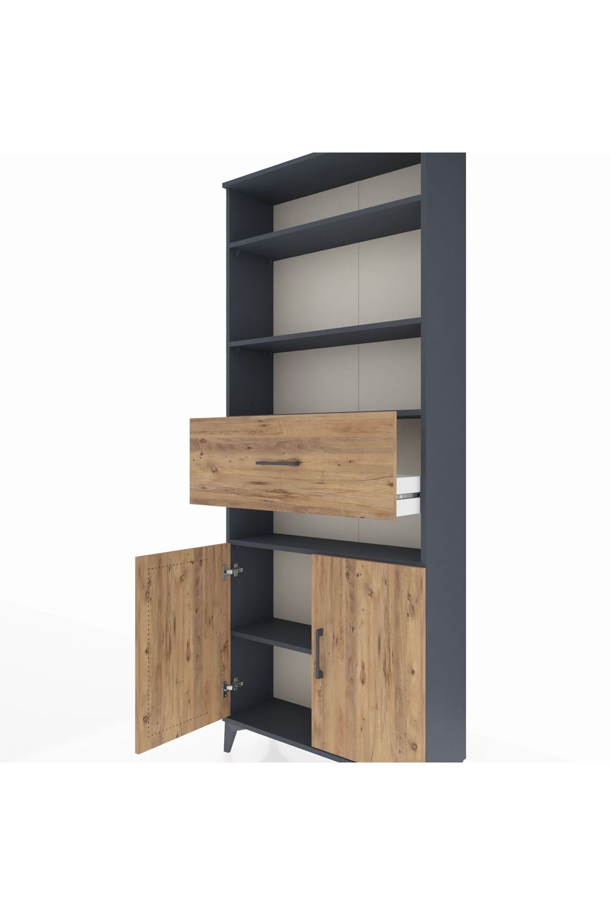 Arges Dolap 5 Raflı Tek Çekmeceli 2 Kapaklı 88x30x221 Antrasit-Çam