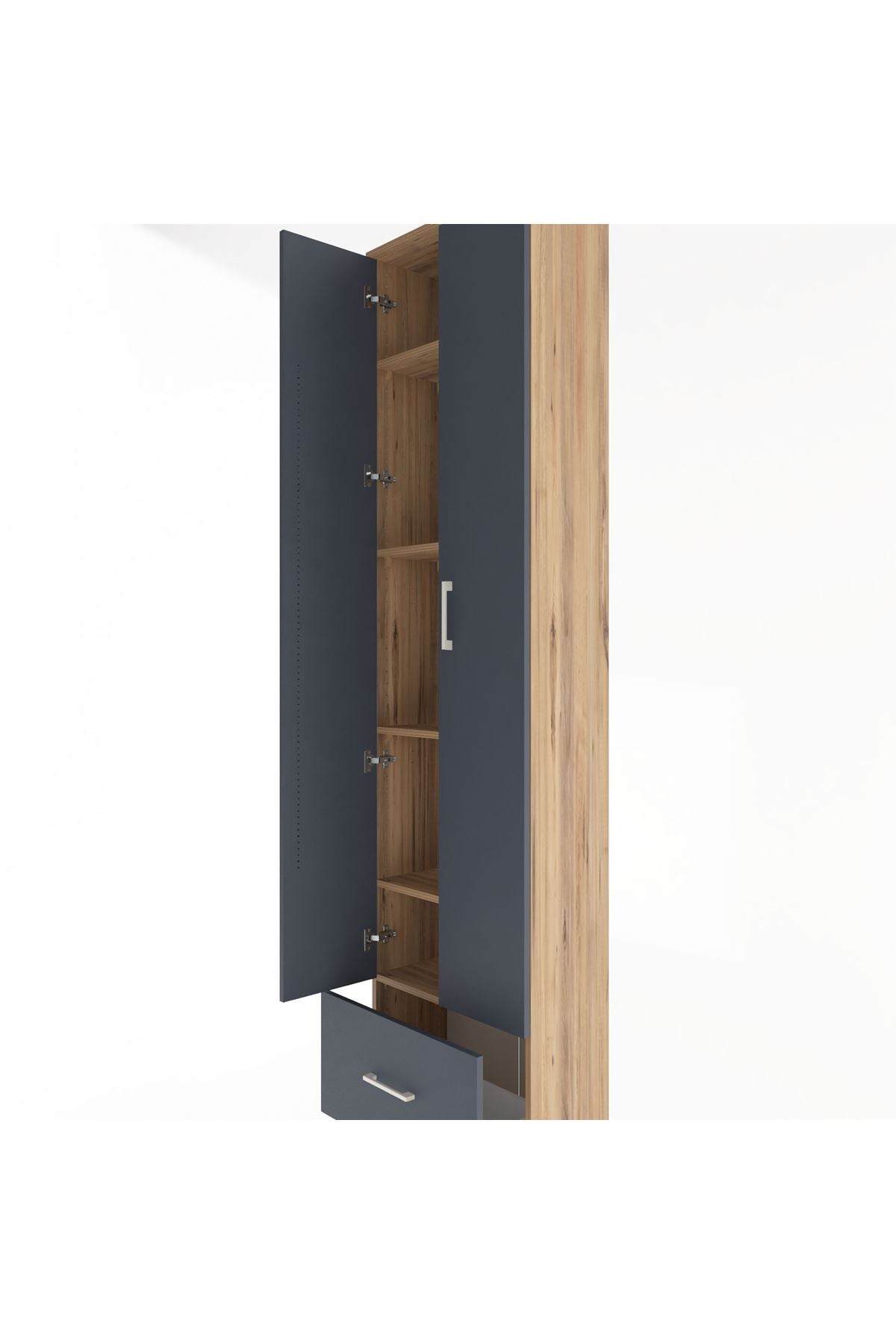 Arges Dolap 5 Raflı Tek Çekmeceli 2 Kapaklı 60x30x243 Çam-Antrasit