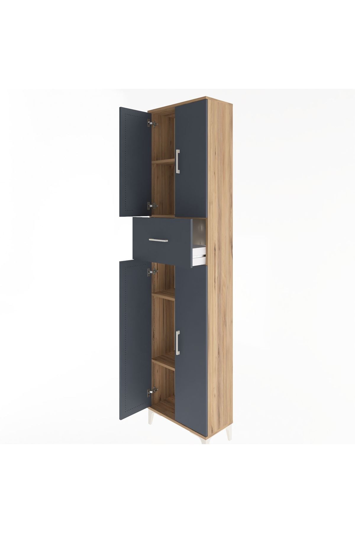 Arges Dolap 4 Raflı Tek Çekmeceli 4 Kapaklı 60x30x243 Çam-Antrasit