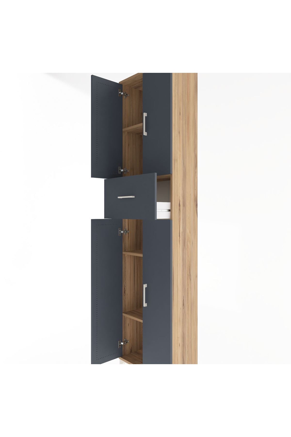 Arges Dolap 4 Raflı Tek Çekmeceli 4 Kapaklı 60x30x243 Çam-Antrasit