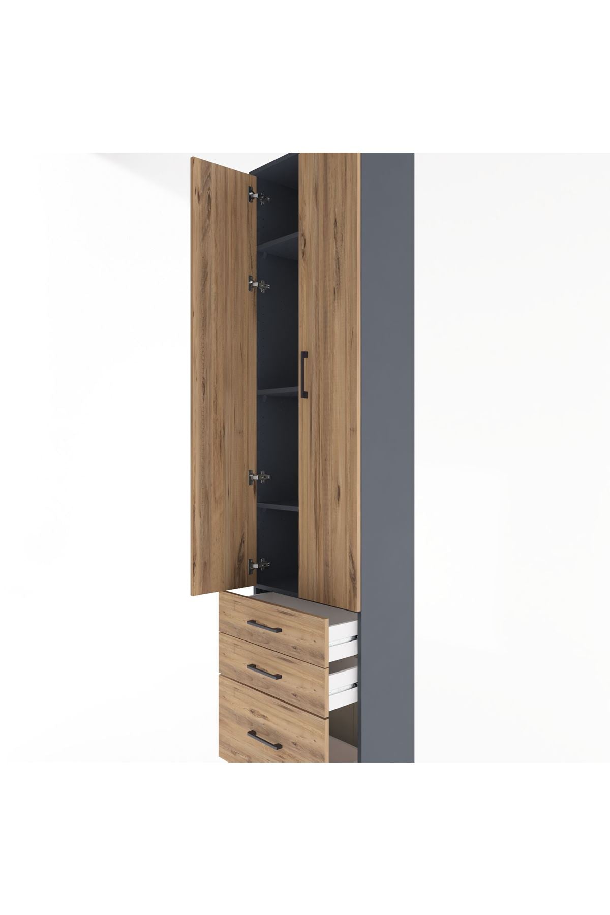 Arges Dolap 4 Raflı 3 Çekmeceli 2 Kapaklı 60x30x243 Antrasit-Çam