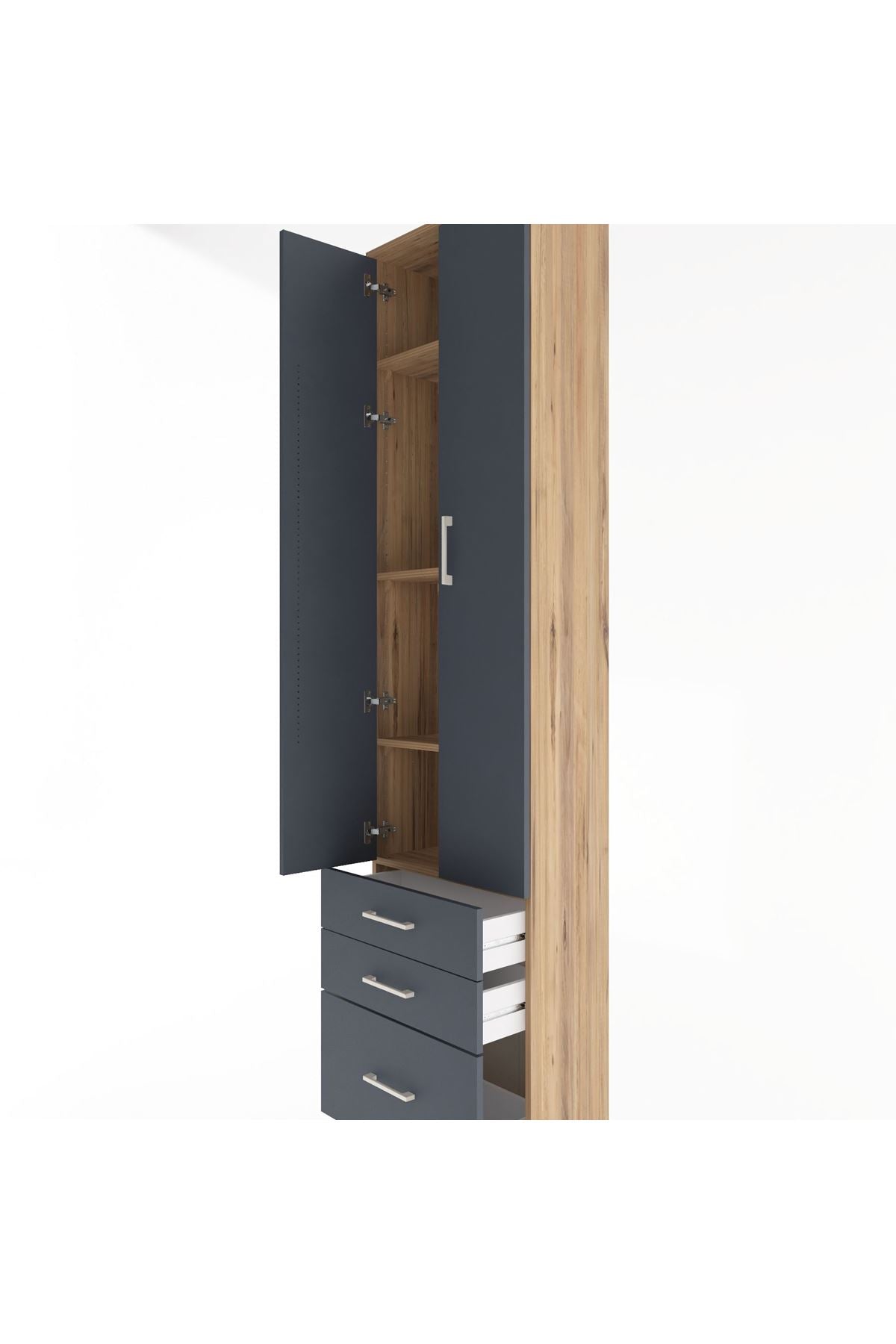 Arges Dolap 4 Raflı 3 Çekmeceli 2 Kapaklı 60x30x243 Çam-Antrasit
