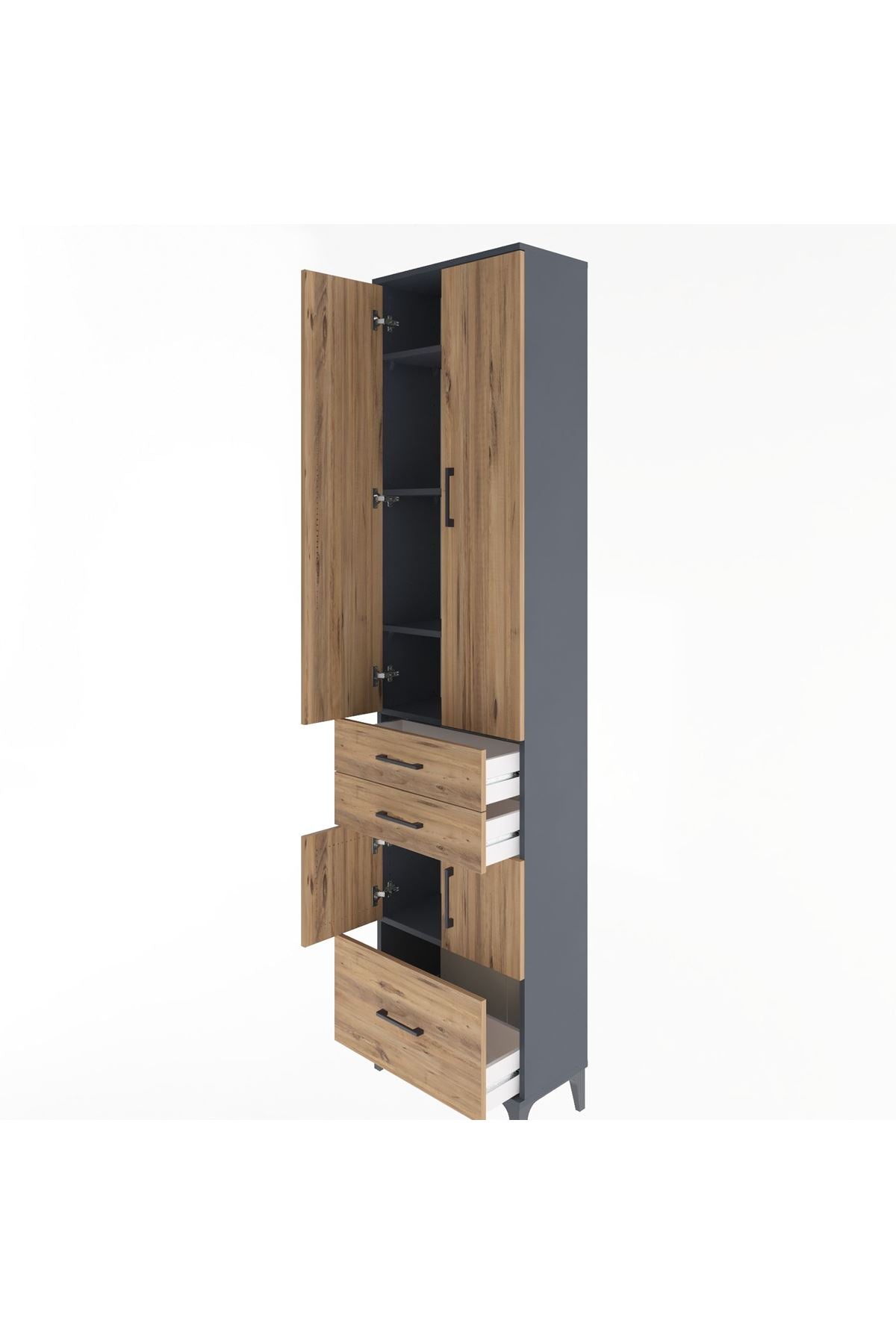Arges Dolap 5 Raflı 3 Çekmeceli 4 Kapaklı 60x30x243 Antrasit-Çam