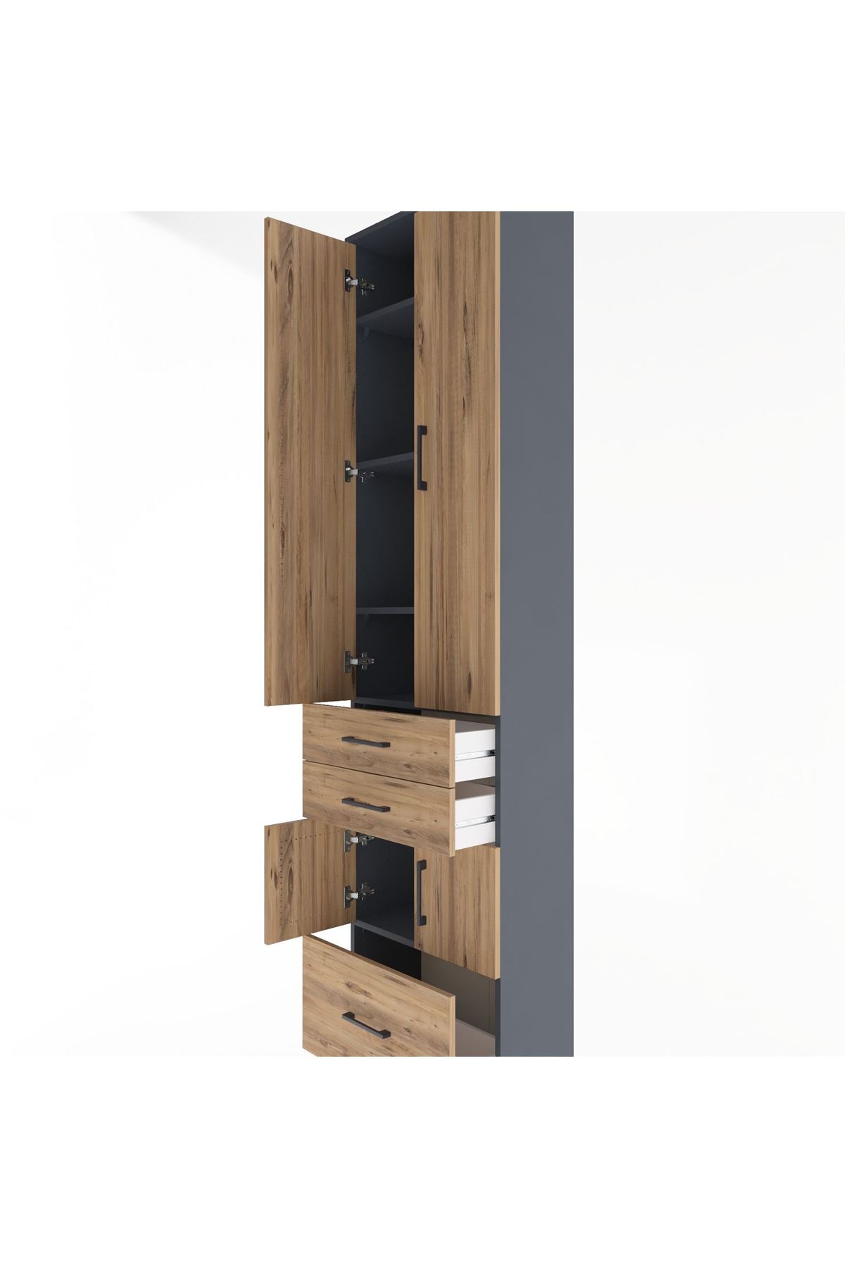 Arges Dolap 5 Raflı 3 Çekmeceli 4 Kapaklı 60x30x243 Antrasit-Çam