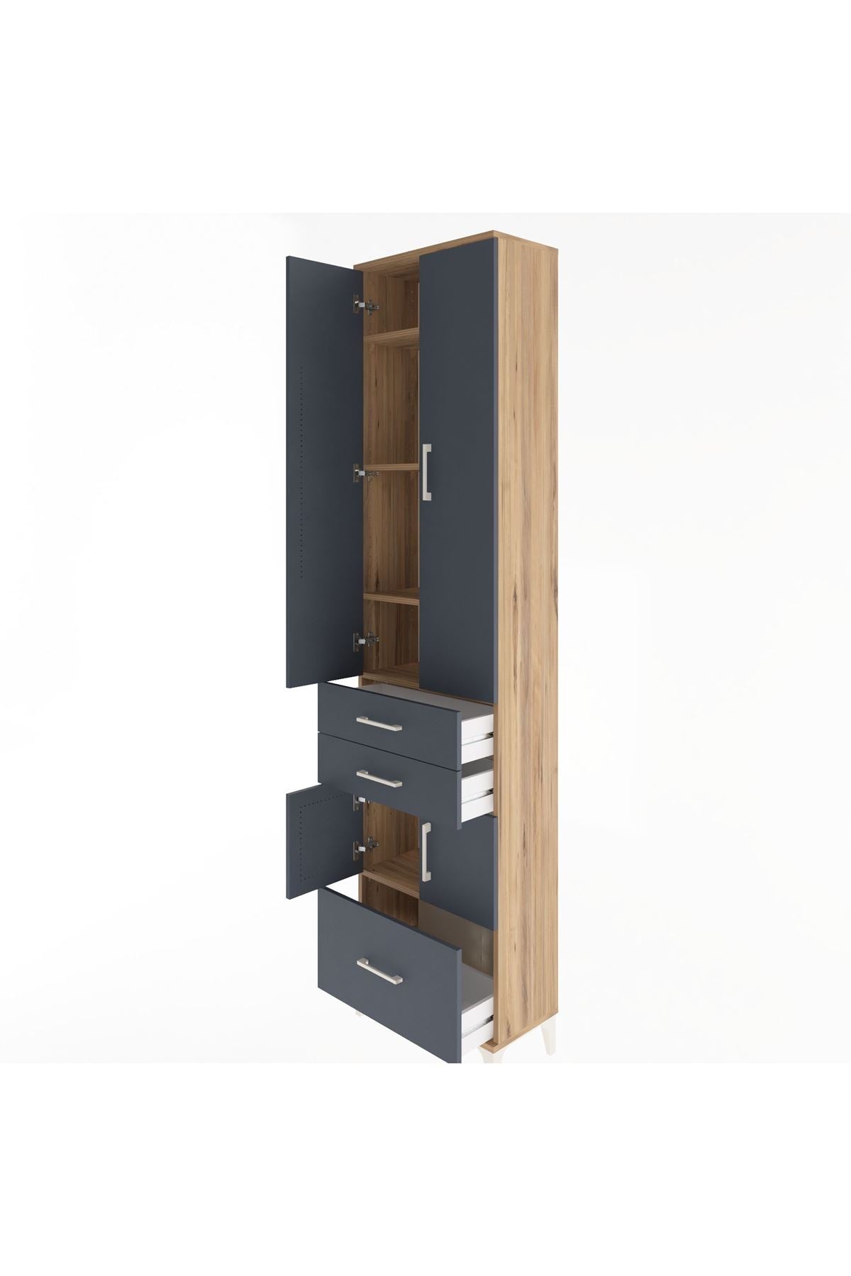 Arges Dolap 5 Raflı 3 Çekmeceli 4 Kapaklı 60x30x243 Çam-Antrasit