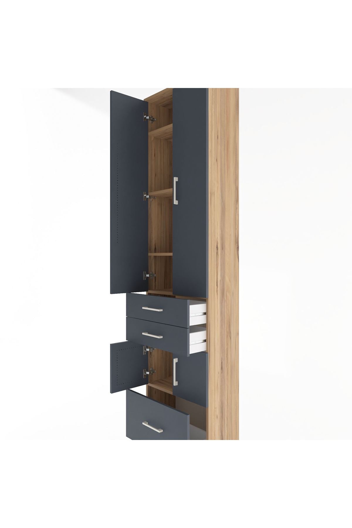 Arges Dolap 5 Raflı 3 Çekmeceli 4 Kapaklı 60x30x243 Çam-Antrasit