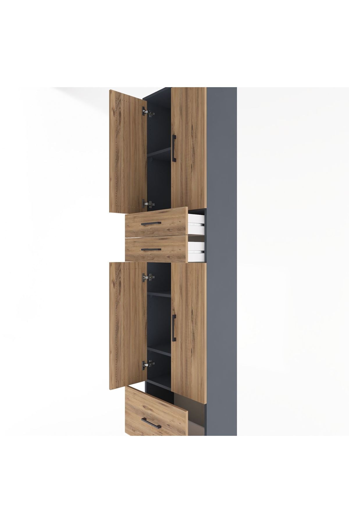 Arges Dolap 5 Raflı 3 Çekmeceli 4 Kapaklı 60x30x243 Antrasit-Çam