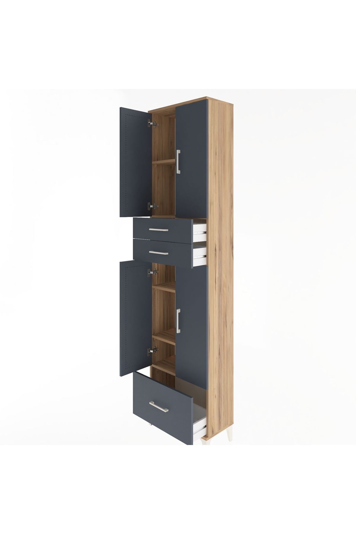 Arges Dolap 5 Raflı 3 Çekmeceli 4 Kapaklı 60x30x243 Çam-Antrasit