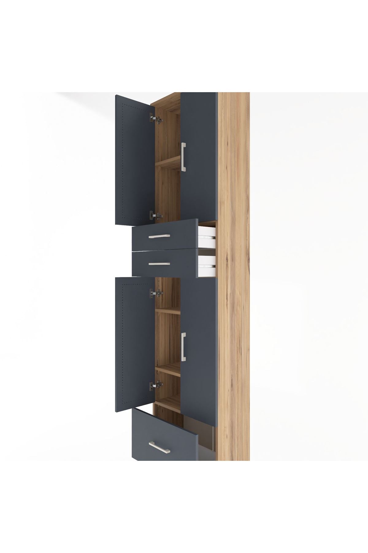 Arges Dolap 5 Raflı 3 Çekmeceli 4 Kapaklı 60x30x243 Çam-Antrasit