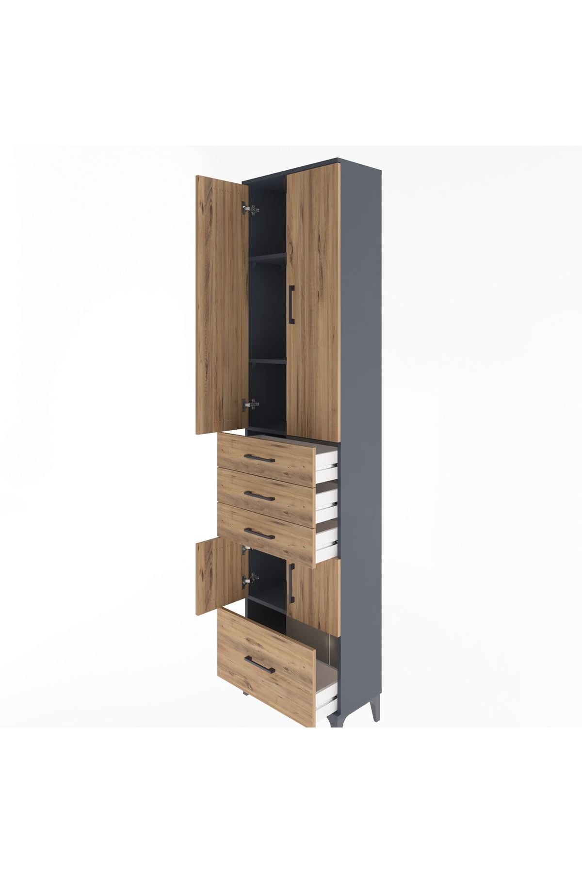 Arges Dolap 4 Raflı 4 Çekmeceli 4 Kapaklı 60x30x243 Antrasit-Çam