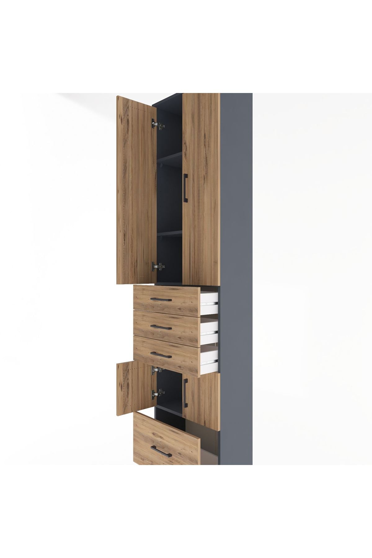 Arges Dolap 4 Raflı 4 Çekmeceli 4 Kapaklı 60x30x243 Antrasit-Çam