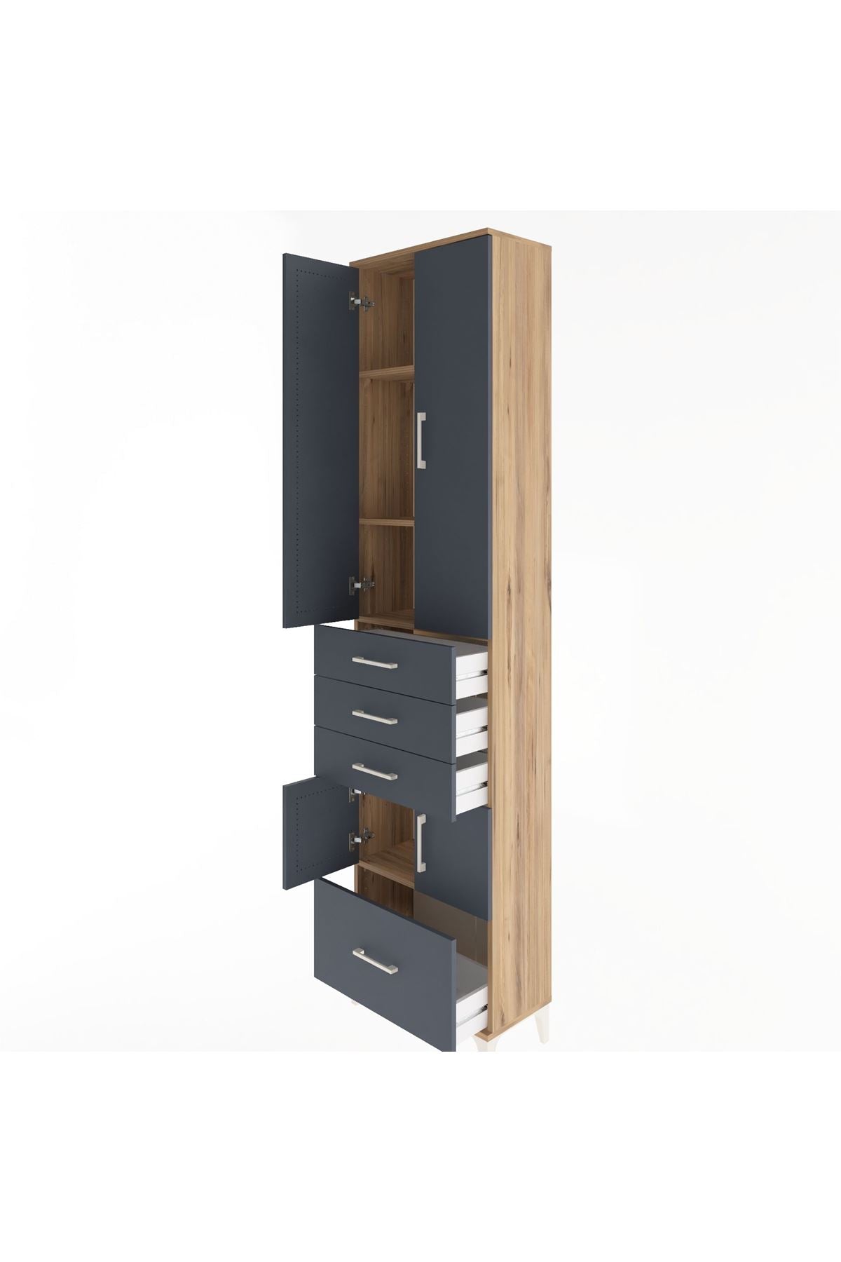 Arges Dolap 4 Raflı 4 Çekmeceli 4 Kapaklı 60x30x243 Çam-Antrasit