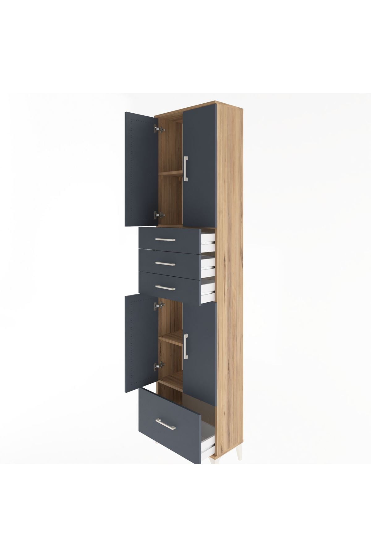 Arges Dolap 4 Raflı 4 Çekmeceli 4 Kapaklı 60x30x243 Çam-Antrasit