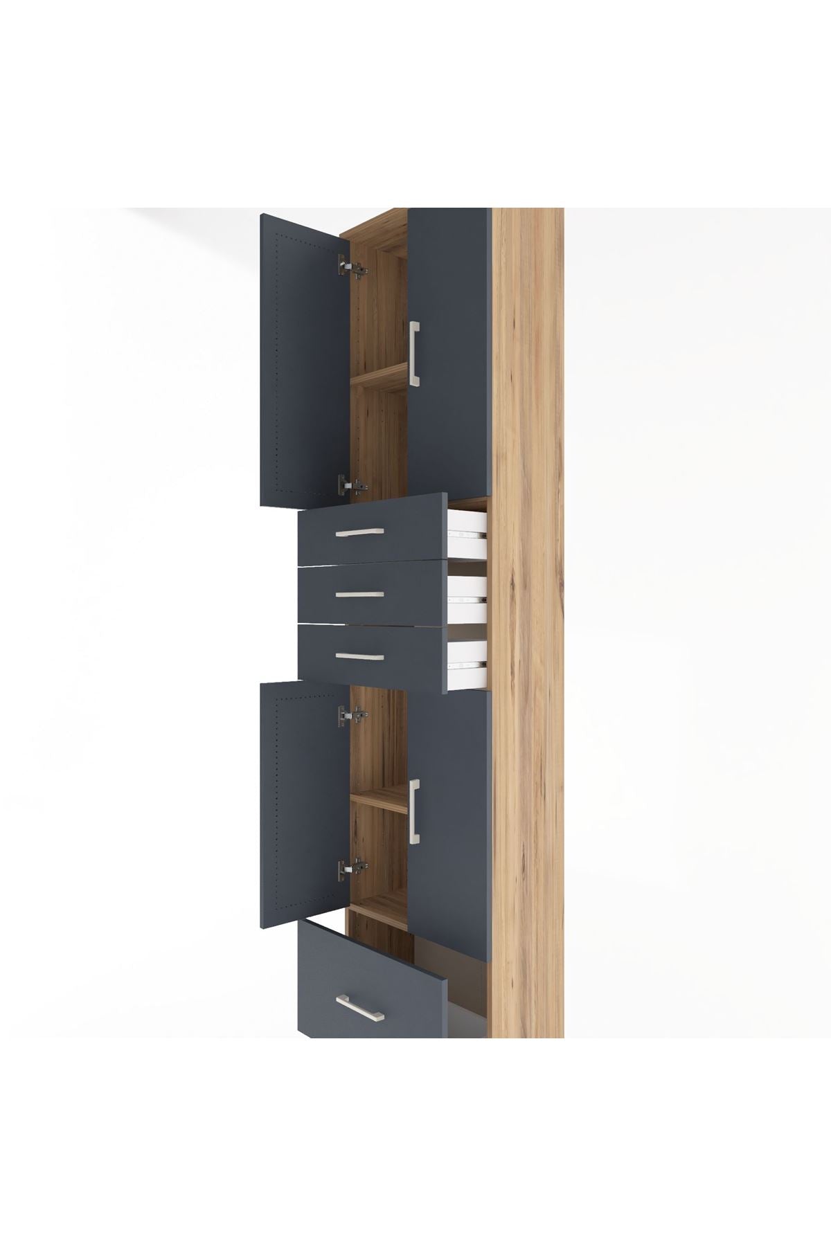 Arges Dolap 4 Raflı 4 Çekmeceli 4 Kapaklı 60x30x243 Çam-Antrasit