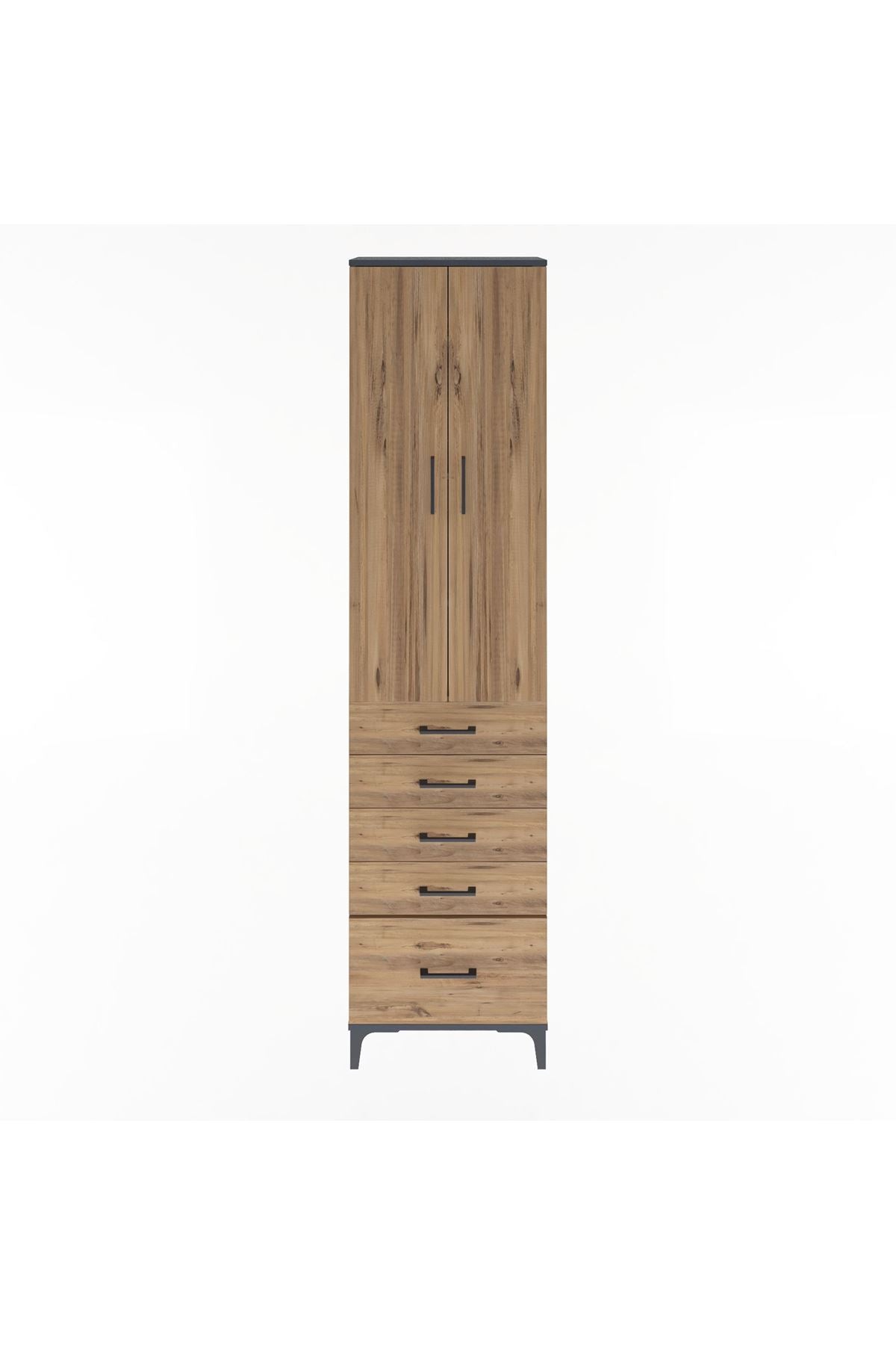 Arges Dolap 4 Raflı 5 Çekmeceli 2 Kapaklı 60x30x243 Antrasit-Çam