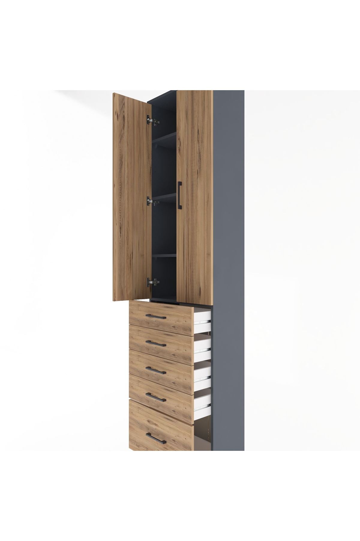 Arges Dolap 4 Raflı 5 Çekmeceli 2 Kapaklı 60x30x243 Antrasit-Çam