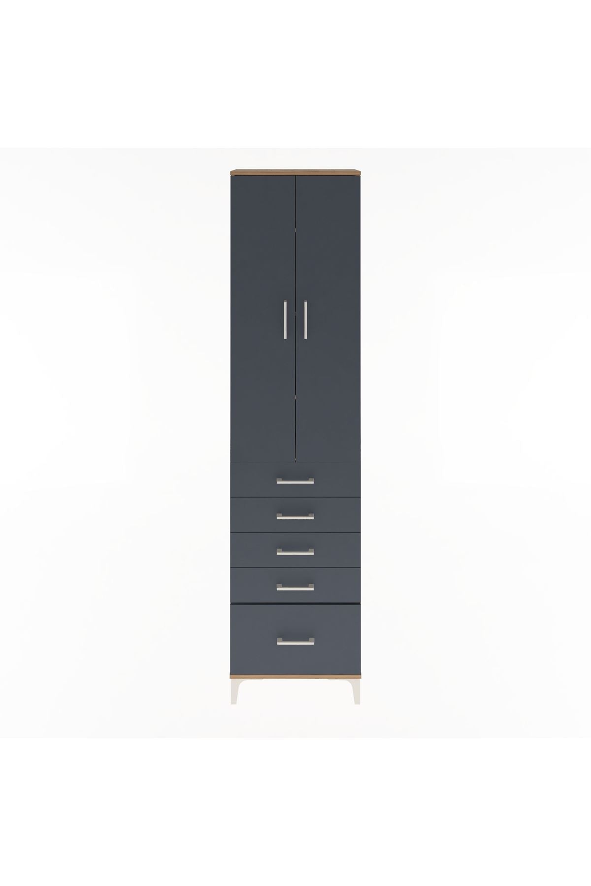 Arges Dolap 4 Raflı 5 Çekmeceli 2 Kapaklı 60x30x243 Çam-Antrasit