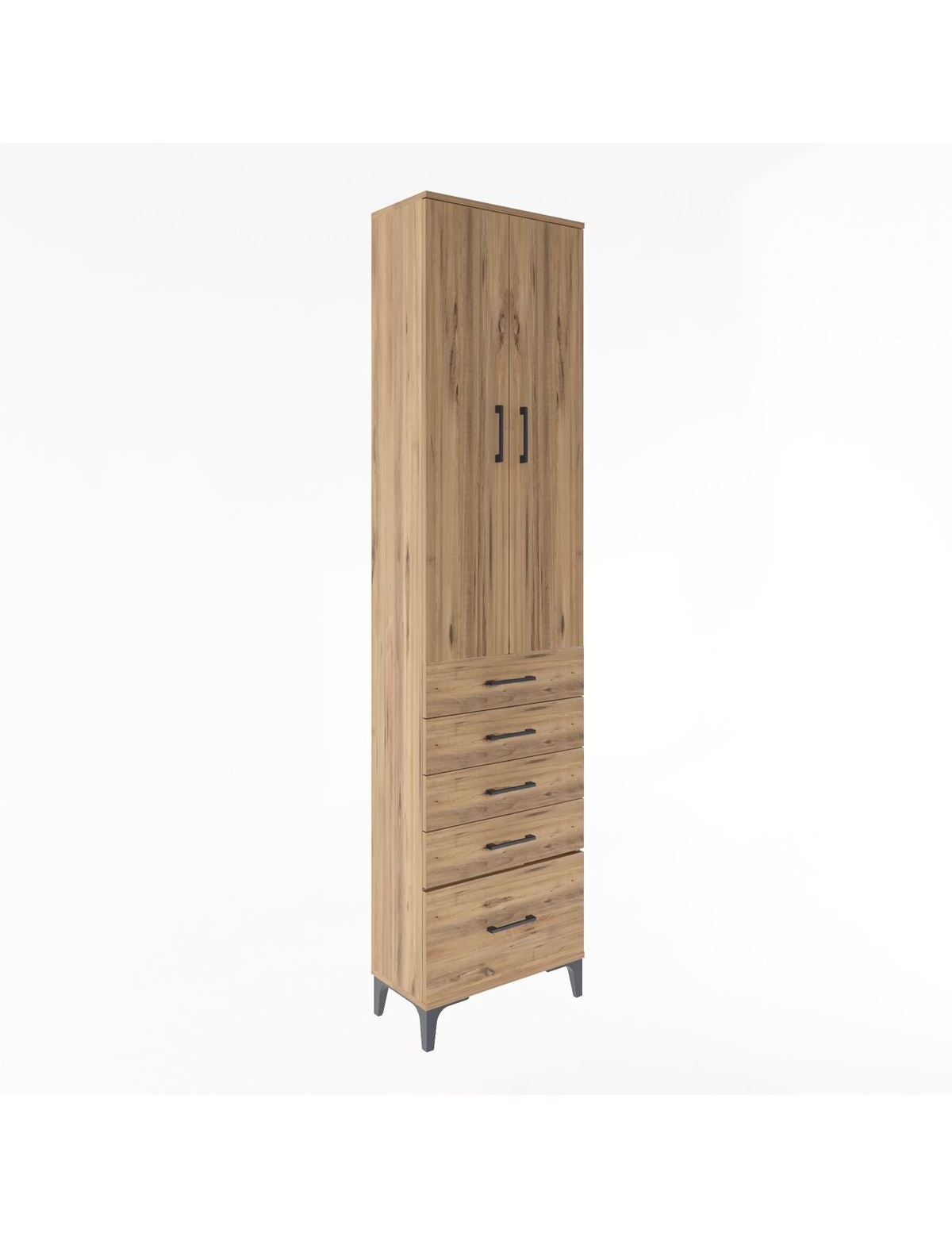 Arges Dolap 4 Raflı 5 Çekmeceli 2 Kapaklı 60x30x243 Çam-Çam