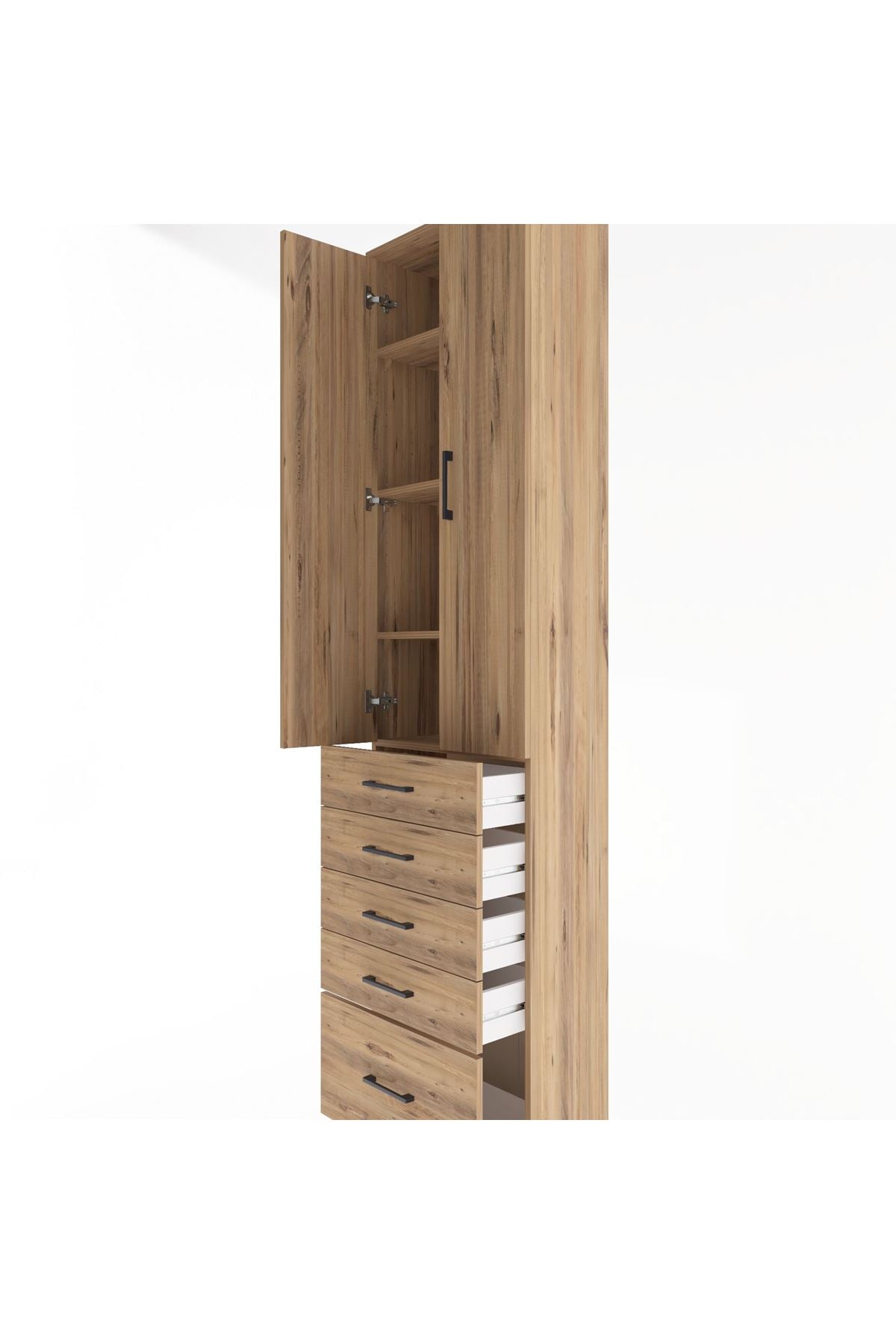 Arges Dolap 4 Raflı 5 Çekmeceli 2 Kapaklı 60x30x243 Çam-Çam