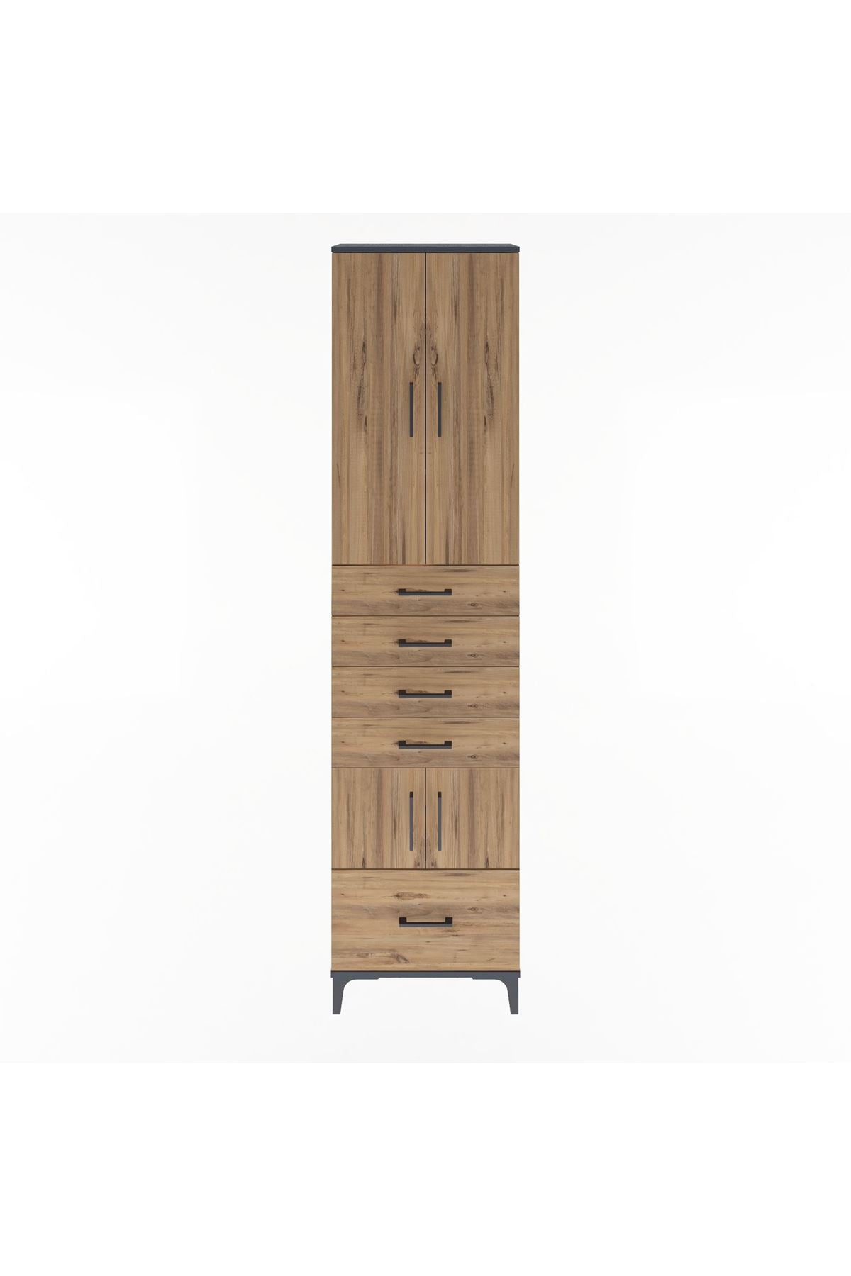 Arges Dolap 4 Raflı 5 Çekmeceli 4 Kapaklı 60x30x243 Antrasit-Çam