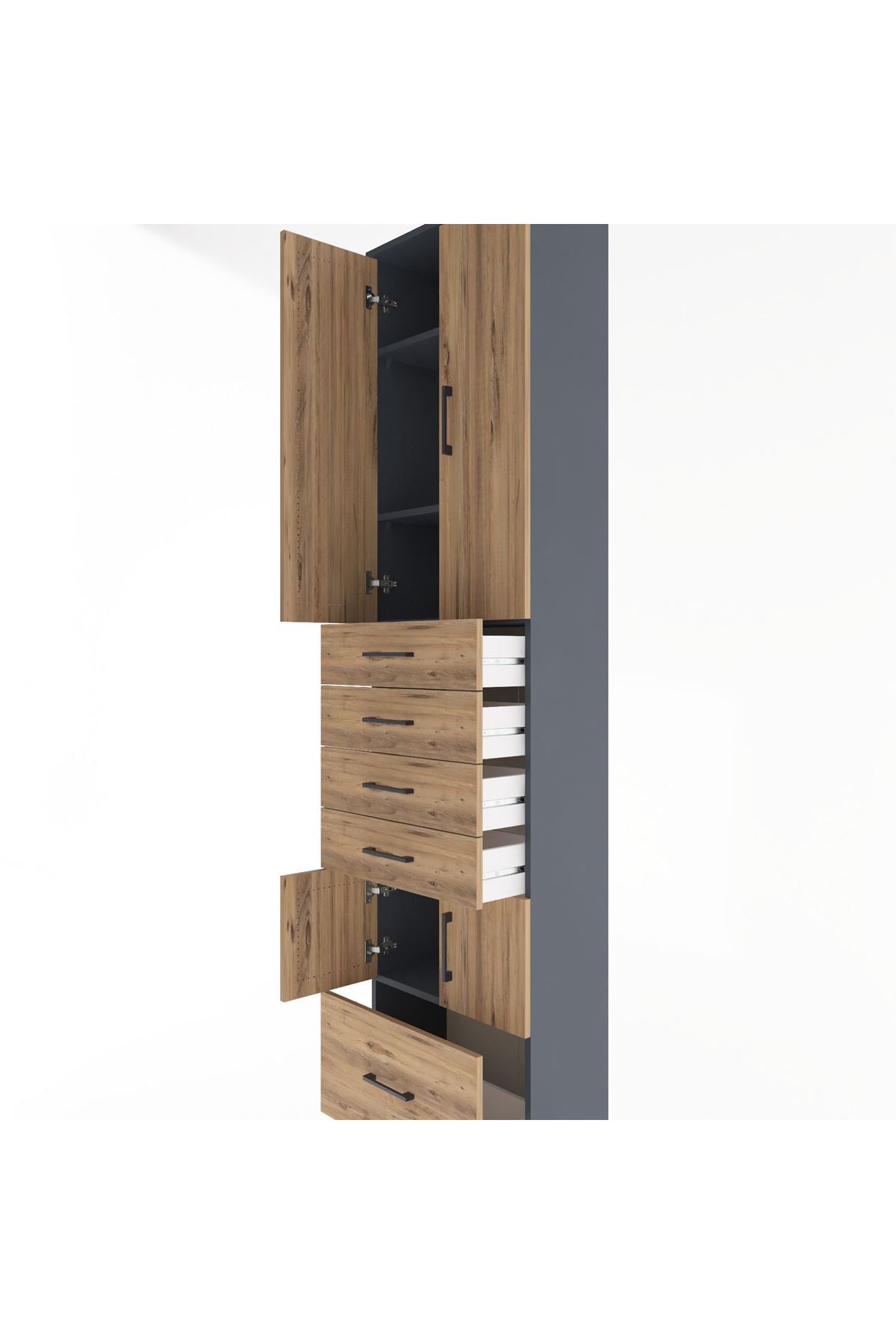 Arges Dolap 4 Raflı 5 Çekmeceli 4 Kapaklı 60x30x243 Antrasit-Çam