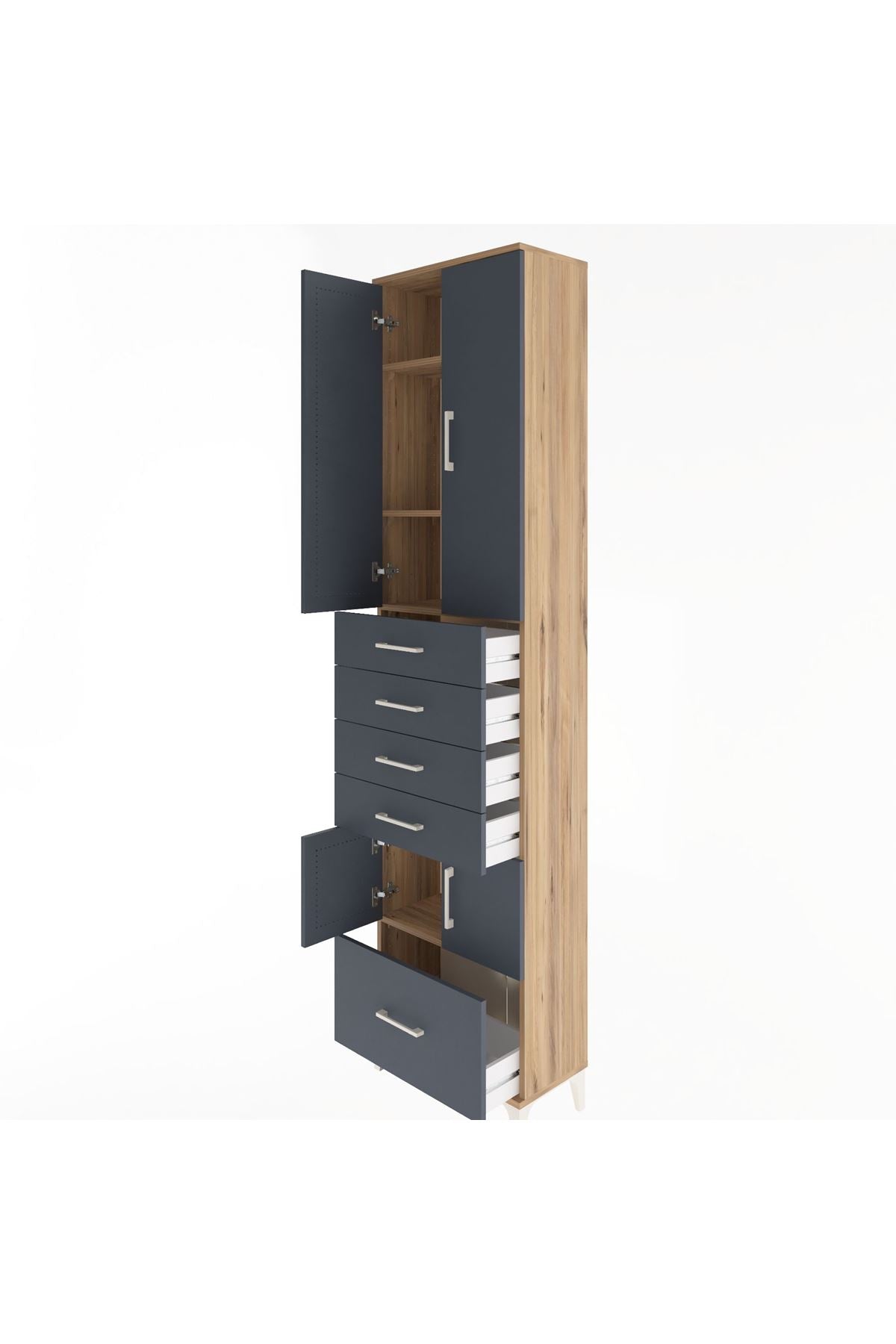 Arges Dolap 4 Raflı 5 Çekmeceli 4 Kapaklı 60x30x243 Çam-Antrasit