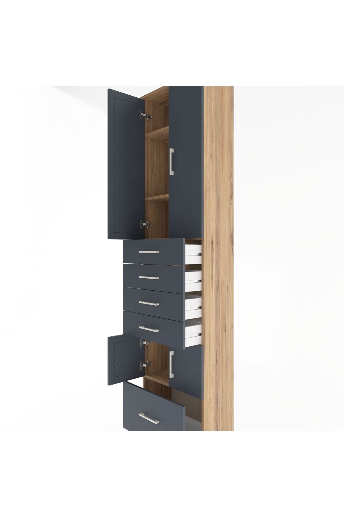 Arges Dolap 4 Raflı 5 Çekmeceli 4 Kapaklı 60x30x243 Çam-Antrasit