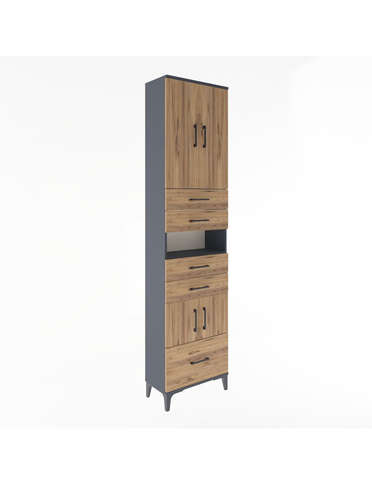 Arges Dolap 4 Raflı 5 Çekmeceli 4 Kapaklı 60x30x243 Antrasit-Çam