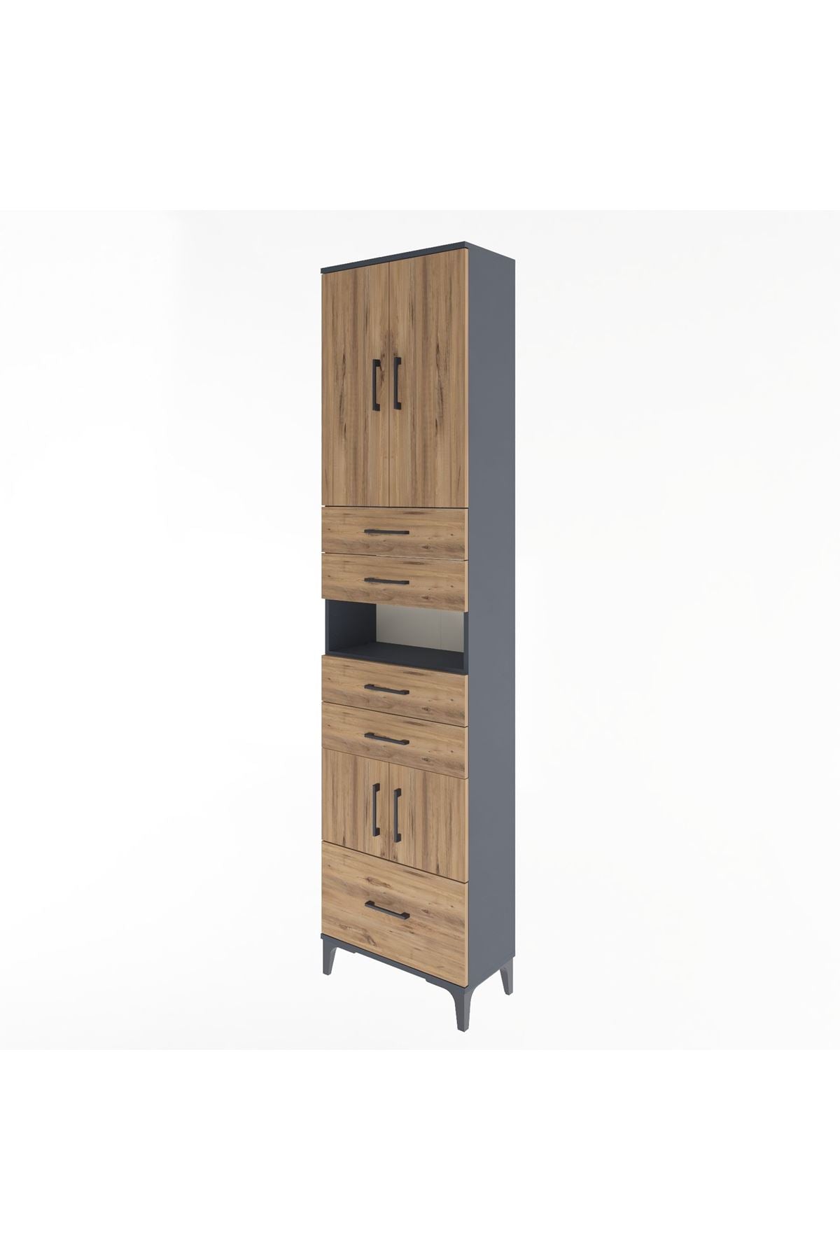 Arges Dolap 4 Raflı 5 Çekmeceli 4 Kapaklı 60x30x243 Antrasit-Çam