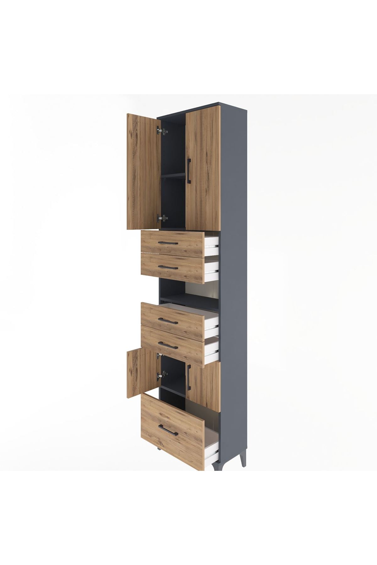 Arges Dolap 4 Raflı 5 Çekmeceli 4 Kapaklı 60x30x243 Antrasit-Çam