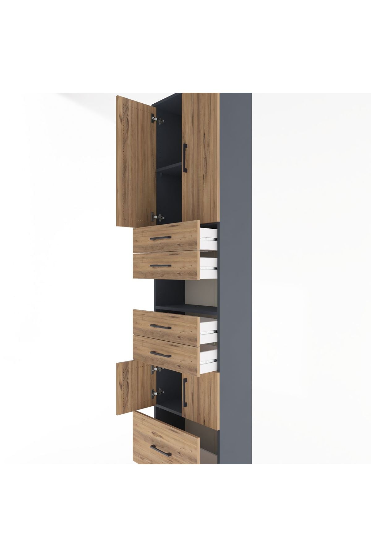 Arges Dolap 4 Raflı 5 Çekmeceli 4 Kapaklı 60x30x243 Antrasit-Çam