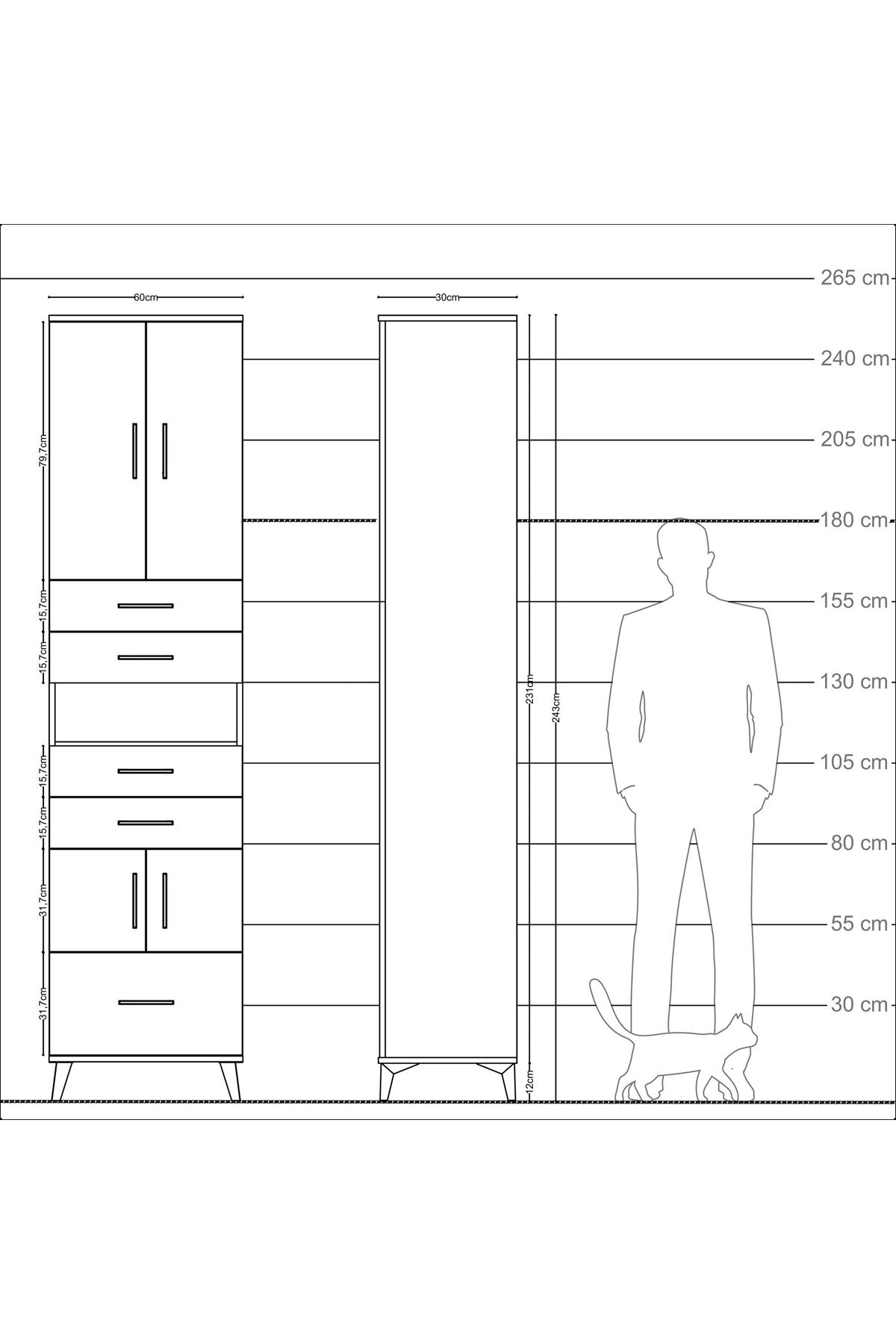 Arges Dolap 4 Raflı 5 Çekmeceli 4 Kapaklı 60x30x243 Çam-Çam