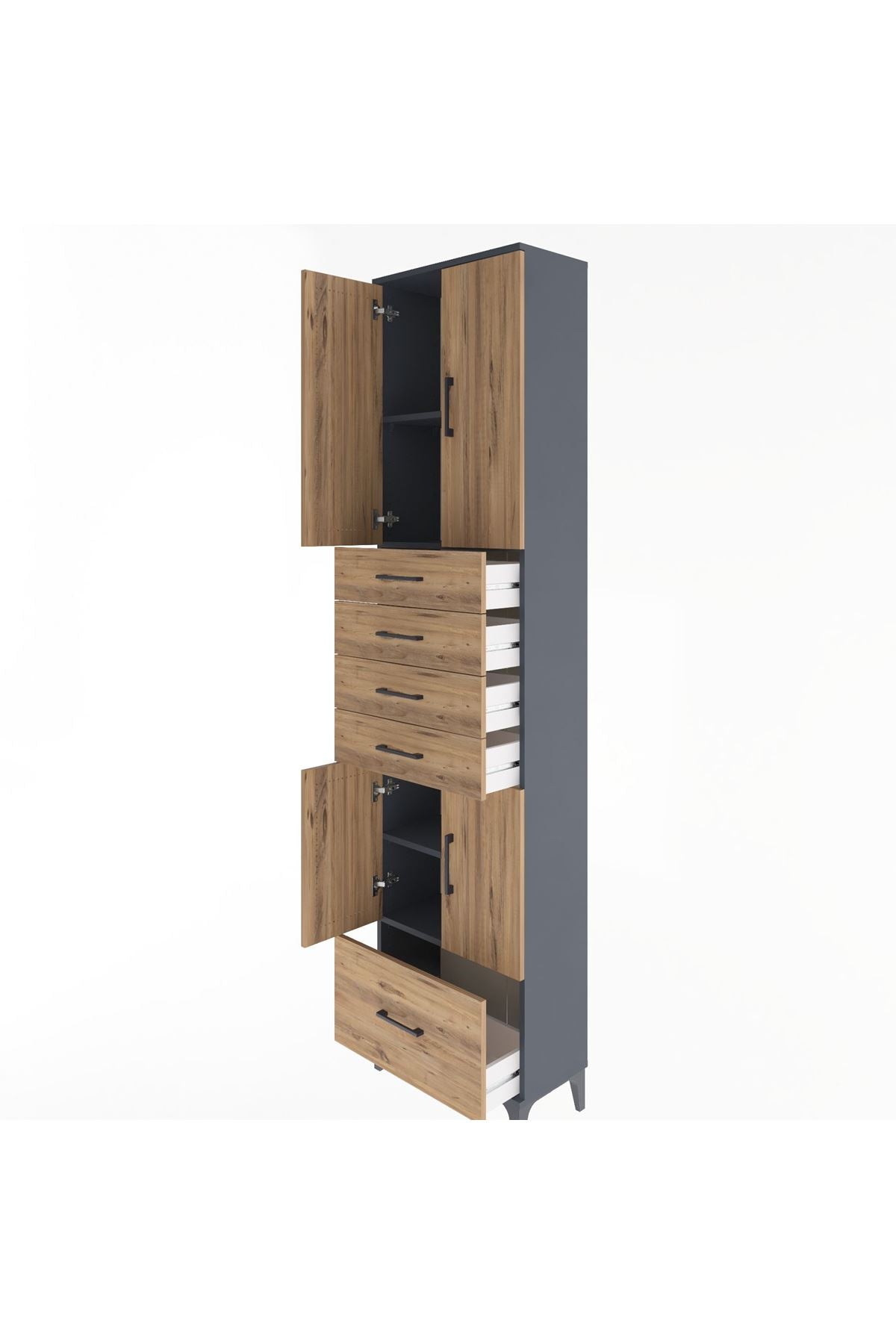 Arges Dolap 4 Raflı 5 Çekmeceli 4 Kapaklı 60x30x243 Antrasit-Çam