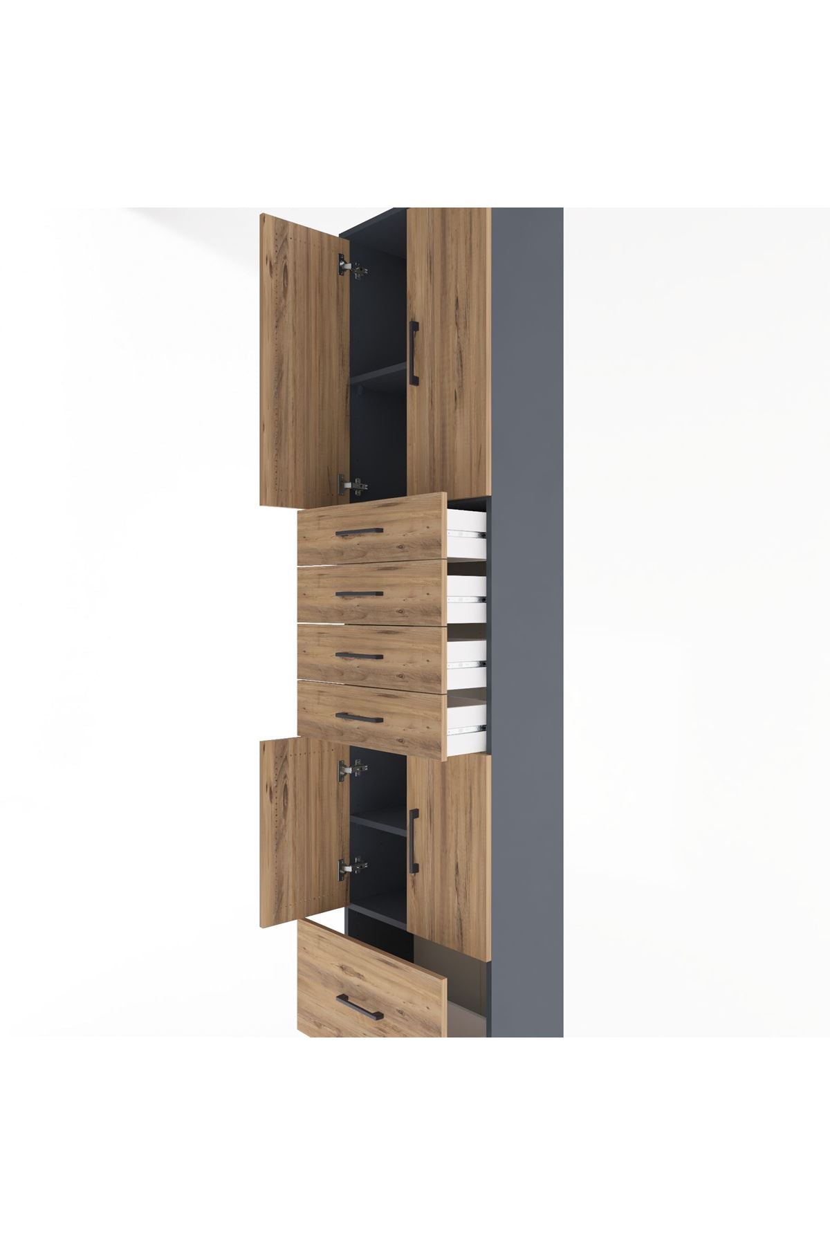 Arges Dolap 4 Raflı 5 Çekmeceli 4 Kapaklı 60x30x243 Antrasit-Çam